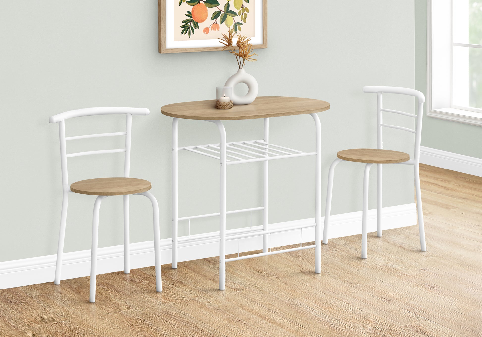 Oval wood top bistro table with white metal frame and storage shelf