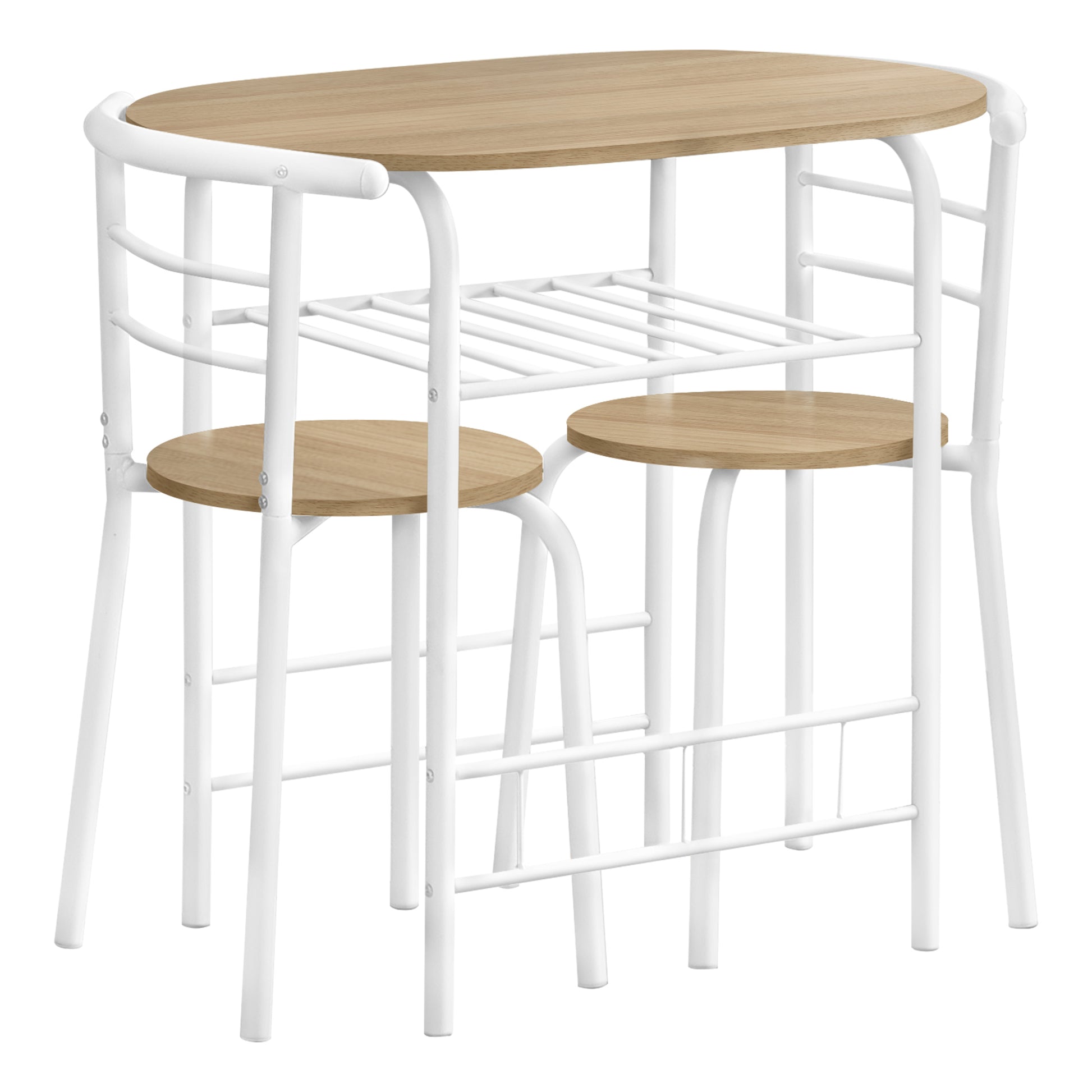 Compact breakfast bar set with oval woodgrain tabletop and two stools
