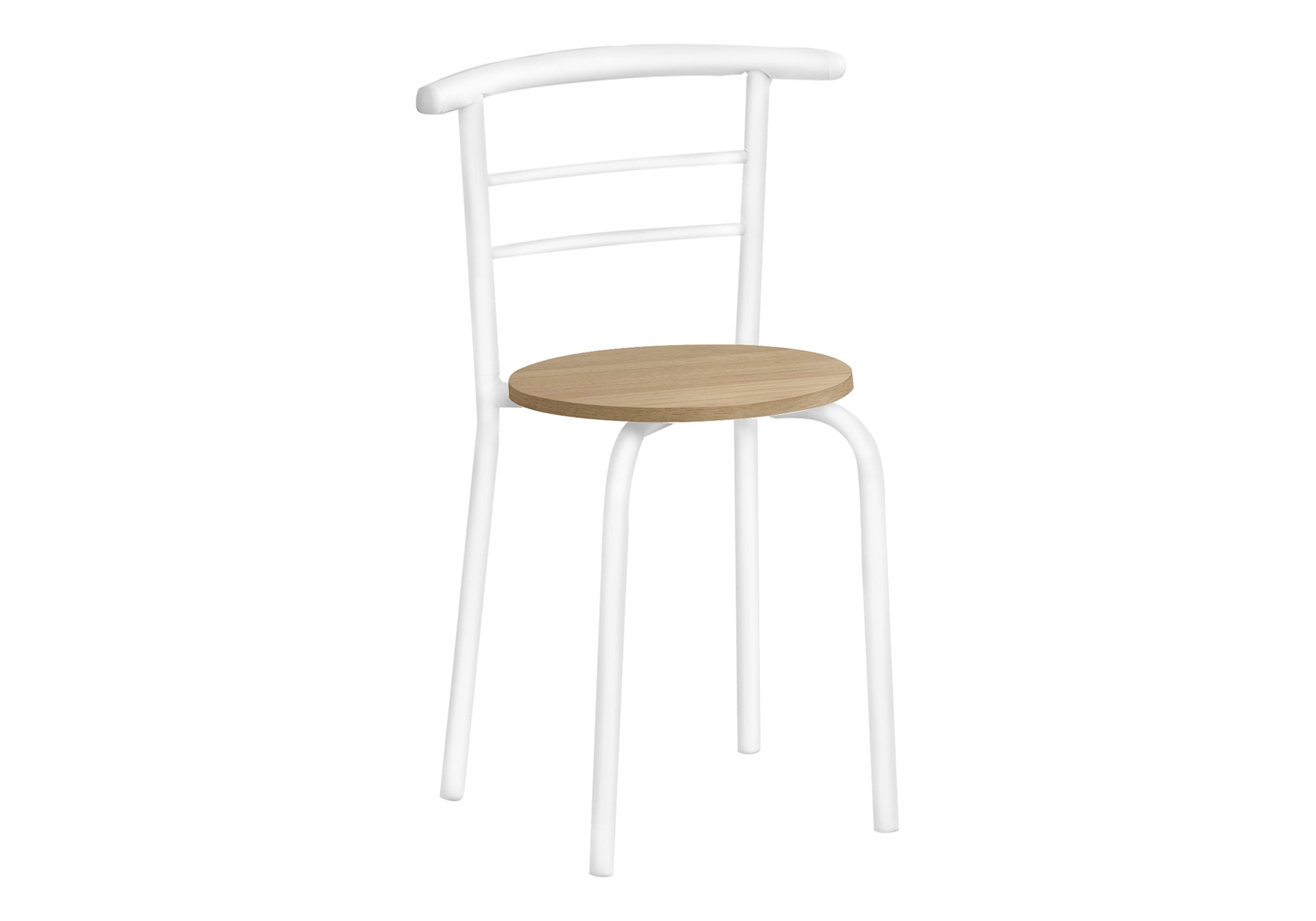 Modern white metal chair with round oak wood seat