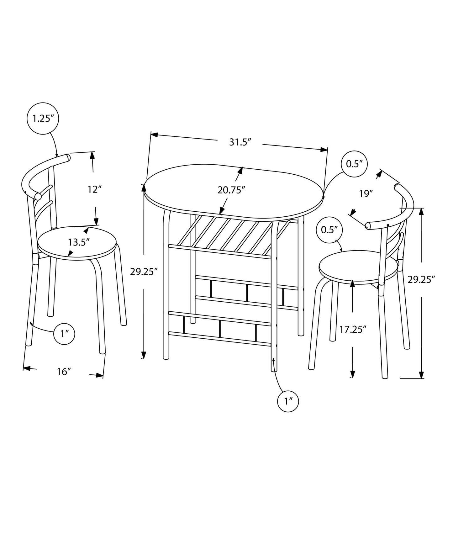 Compact dining set blueprint with oval tabletop and two stools showing dimensions