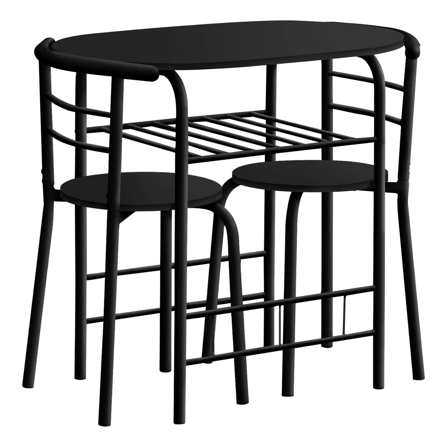 Compact black metal bistro set with two stools and an oval table ideal for small kitchens