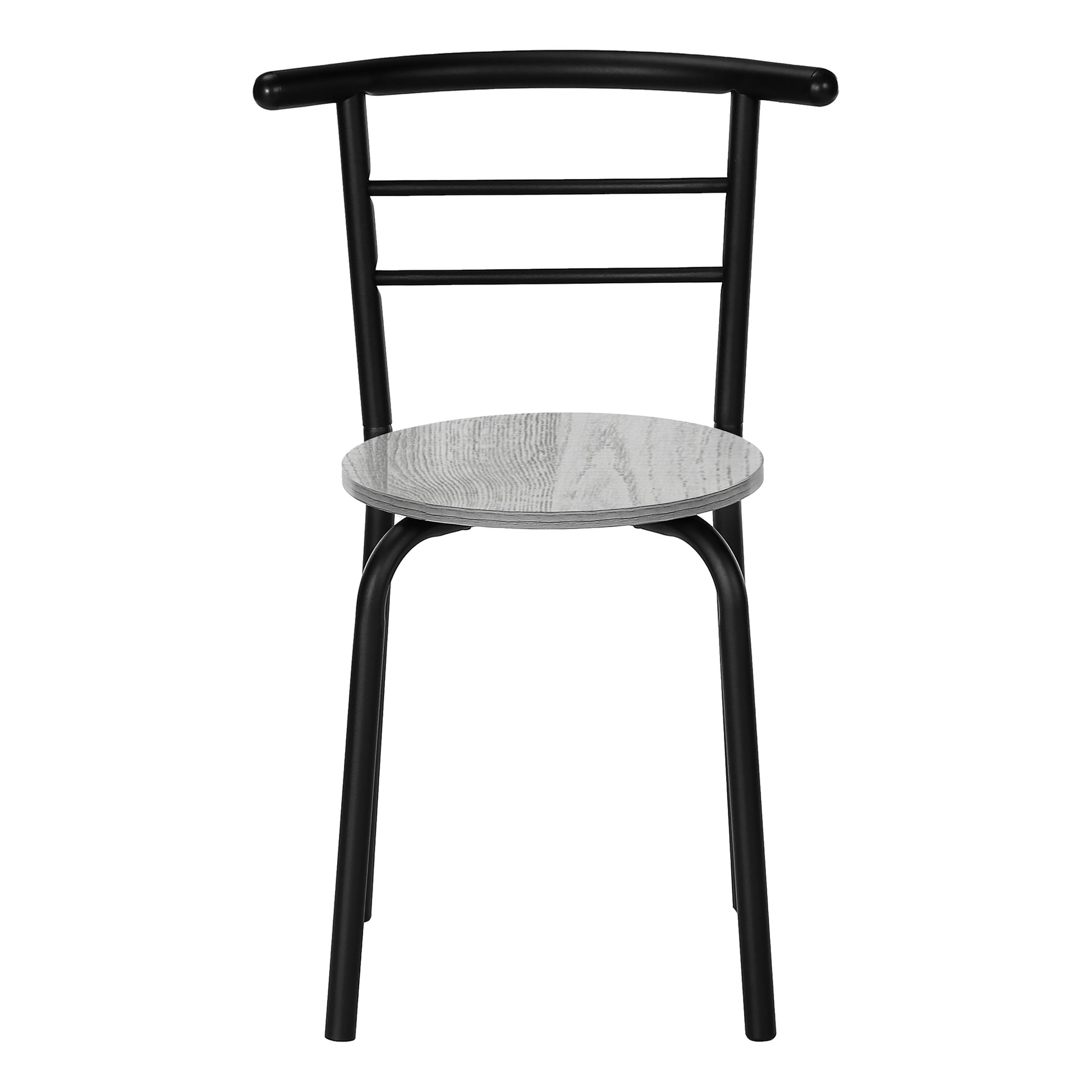 Black metal frame chair with a grey wood grain seat modern style