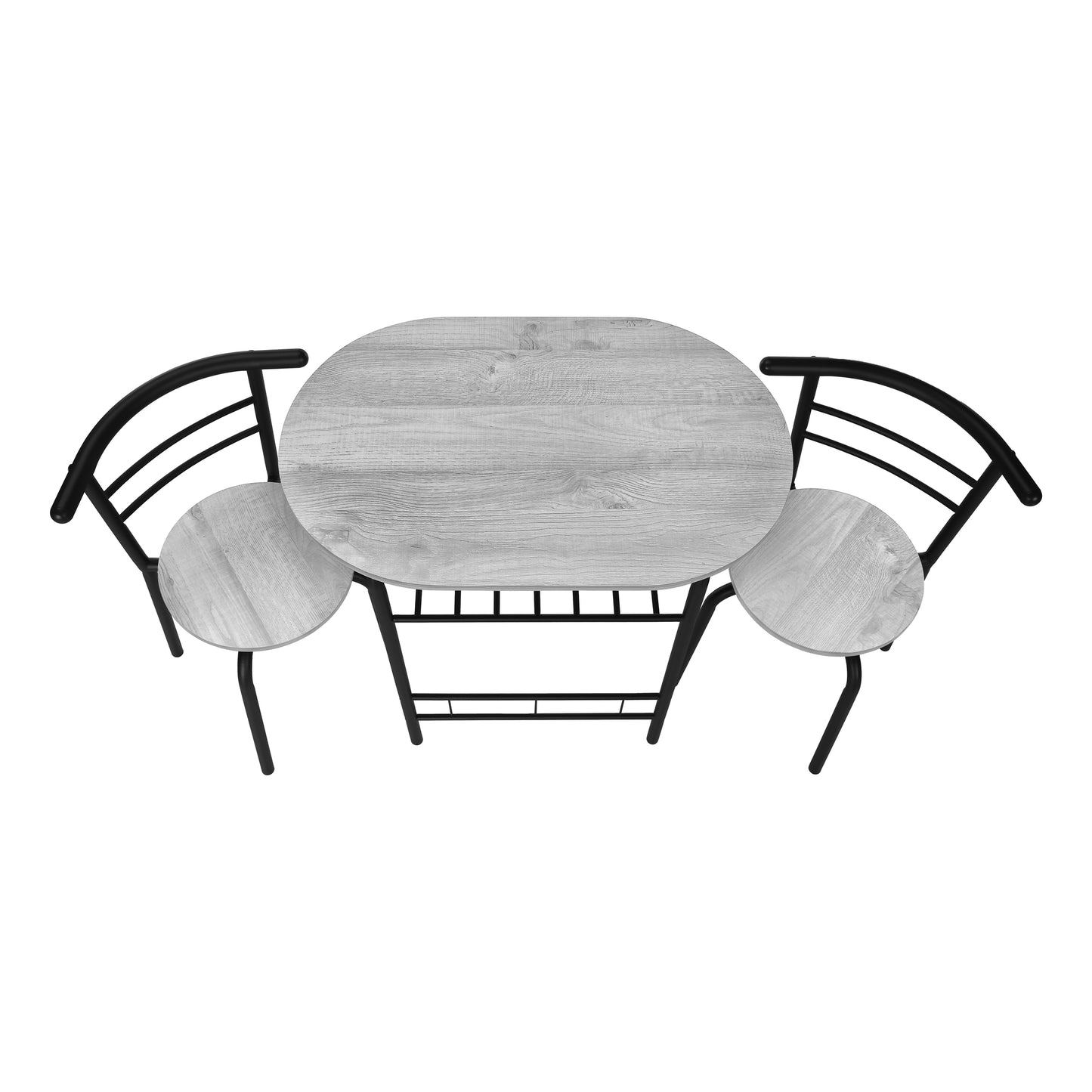 Grey wood grain oval dining table with two black metal chairs perfect for small spaces
