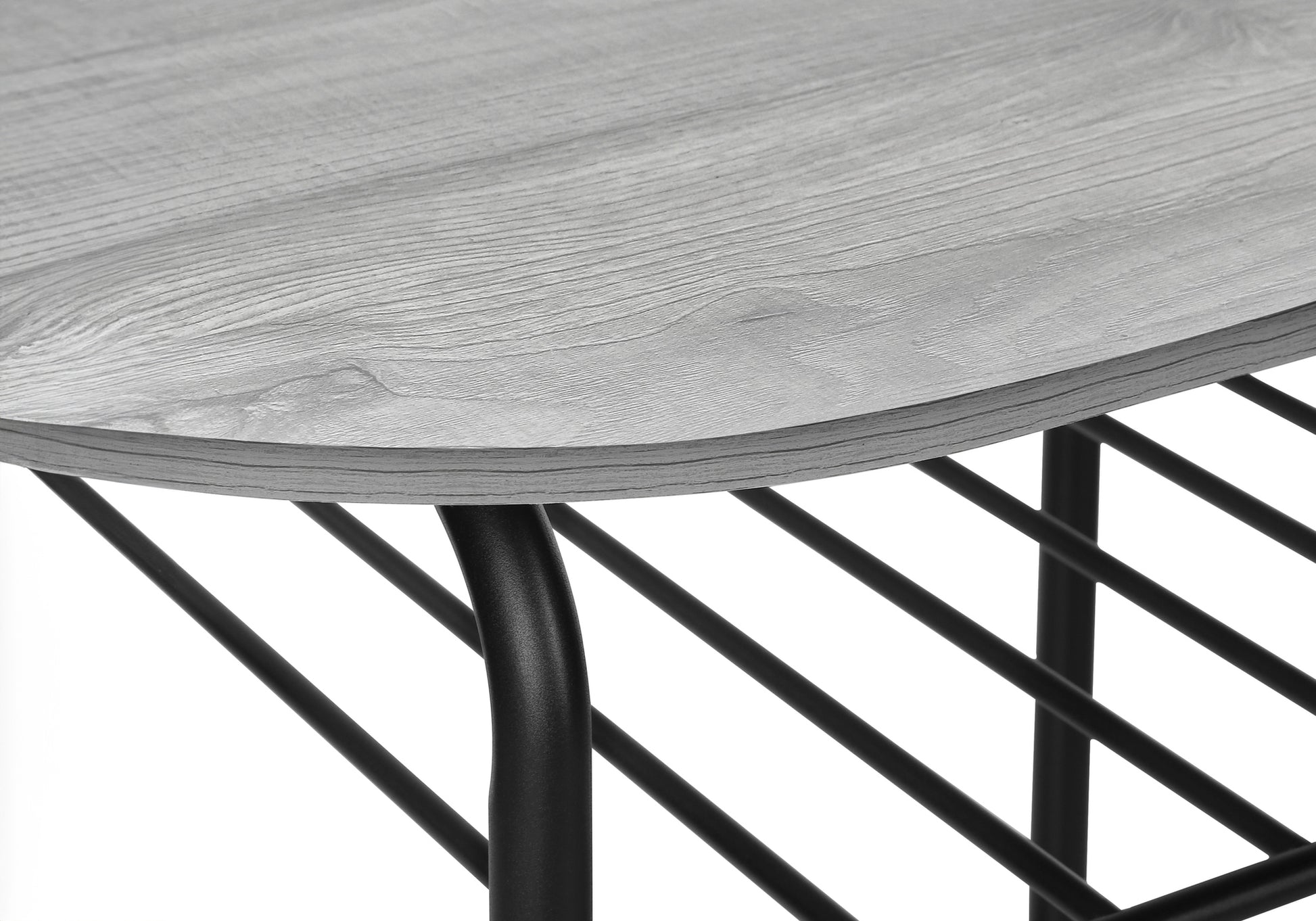 Rustic gray wood grain table top with black metal legs perfect for modern kitchens