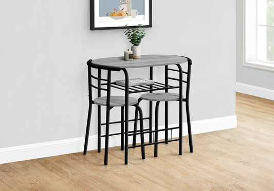 Gray wood oval bar table with black metal frame and two stools