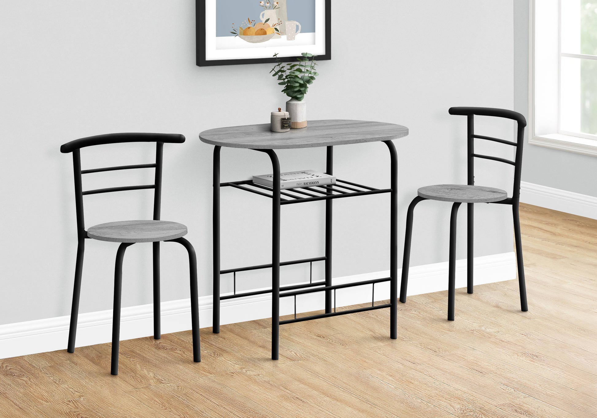 Modern grey wood dining set with black metal frame and two chairs