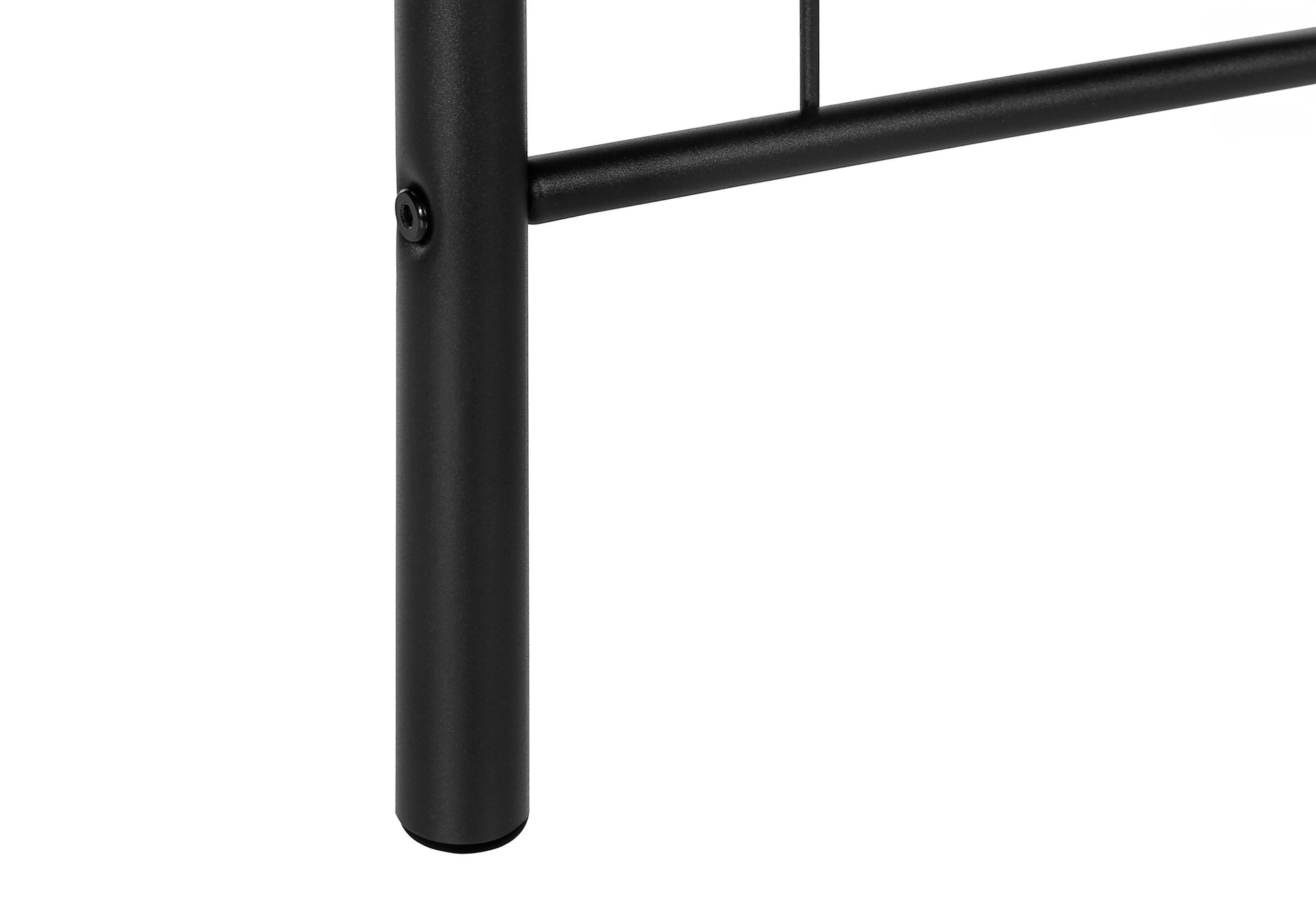 Closeup of a black metal bed frame leg with visible screw detail