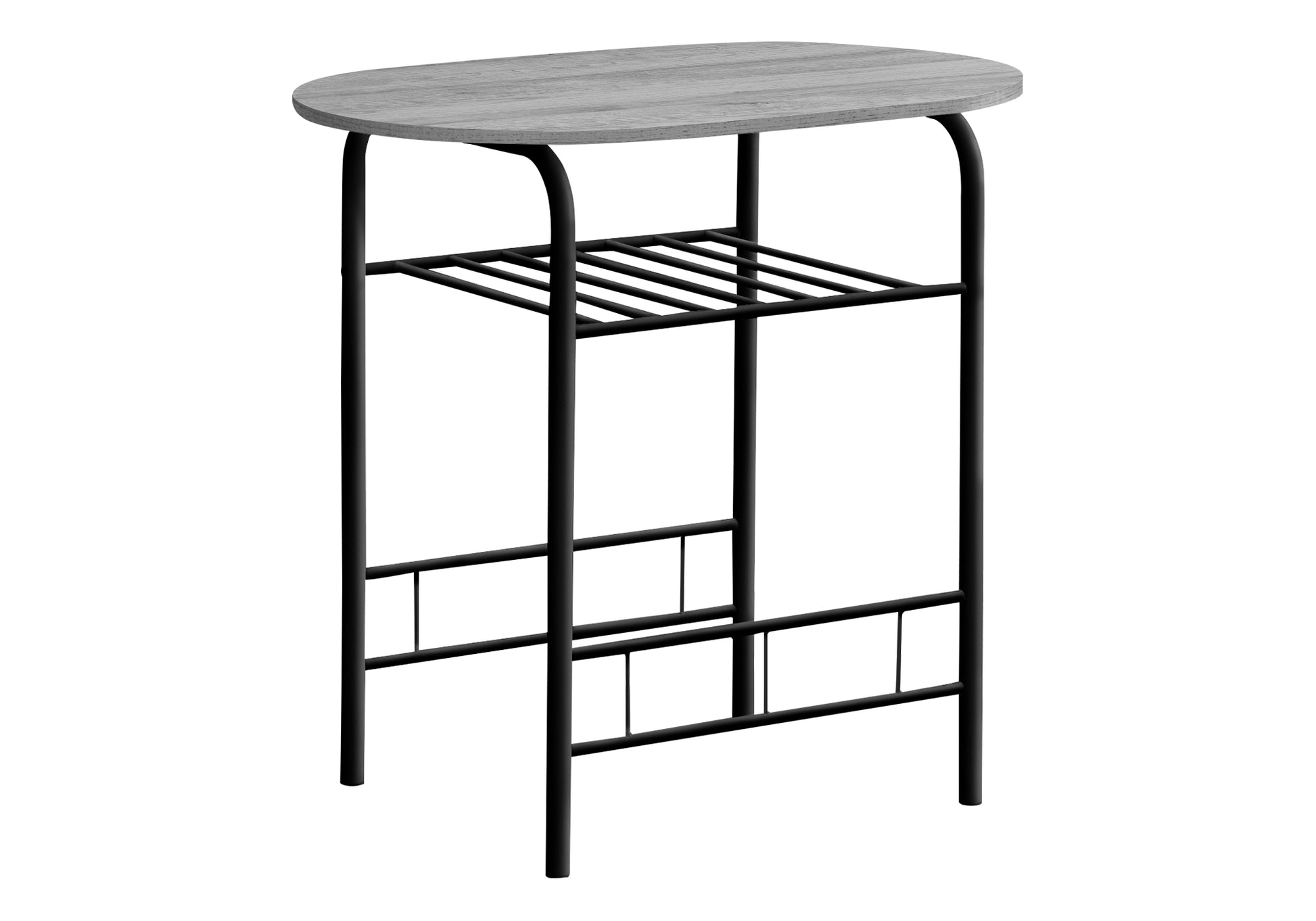 Grey wood grain oval bar table with black metal frame and two shelves