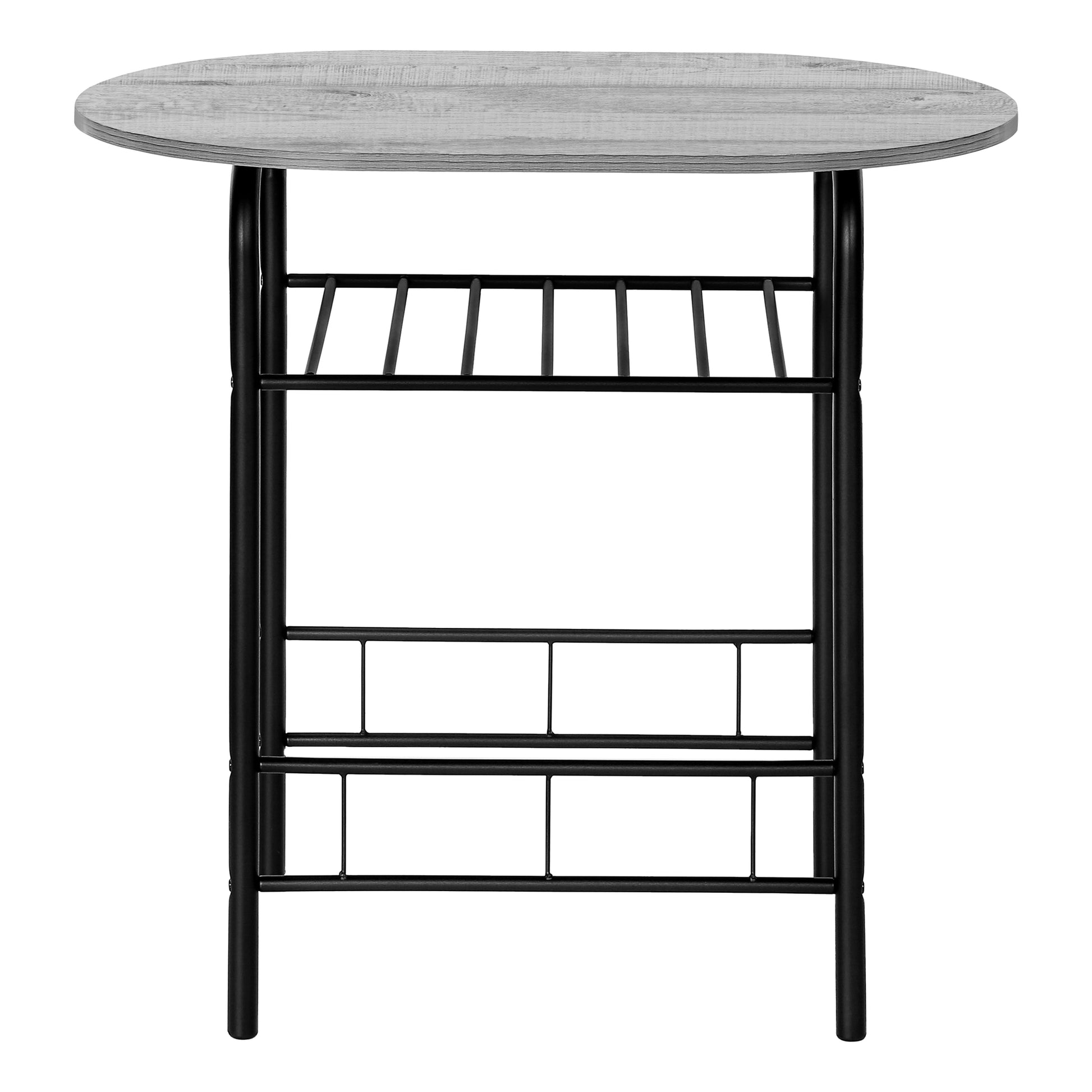 Rustic gray wood finish oval tabletop with black metal frame ideal for a bar or breakfast nook