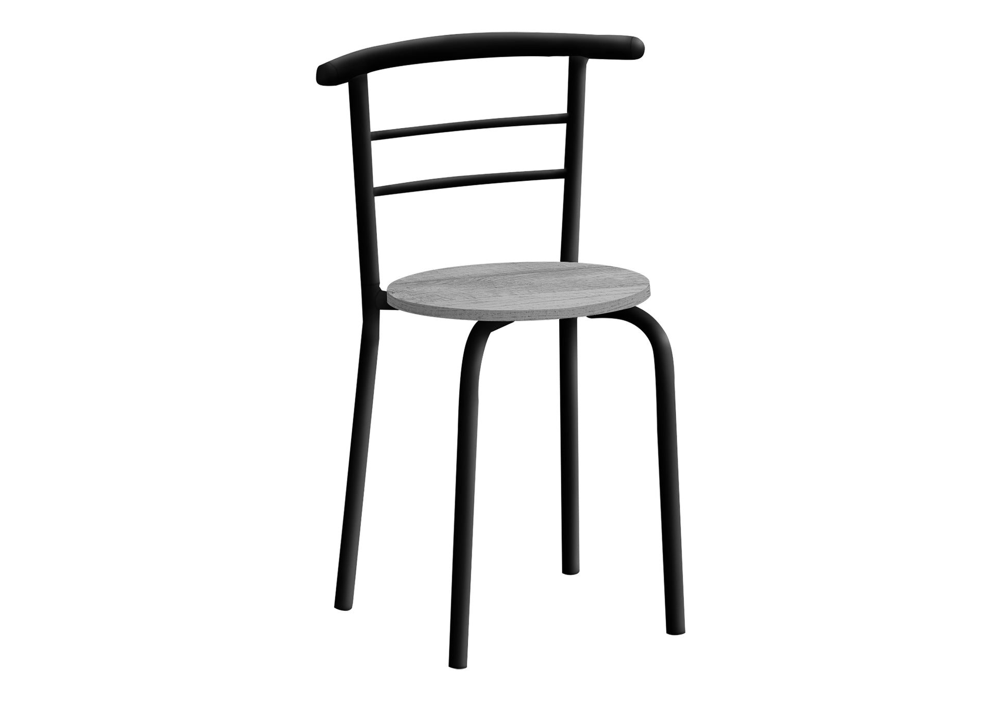 Modern black metal stool with a light grey wood seat and curved backrest