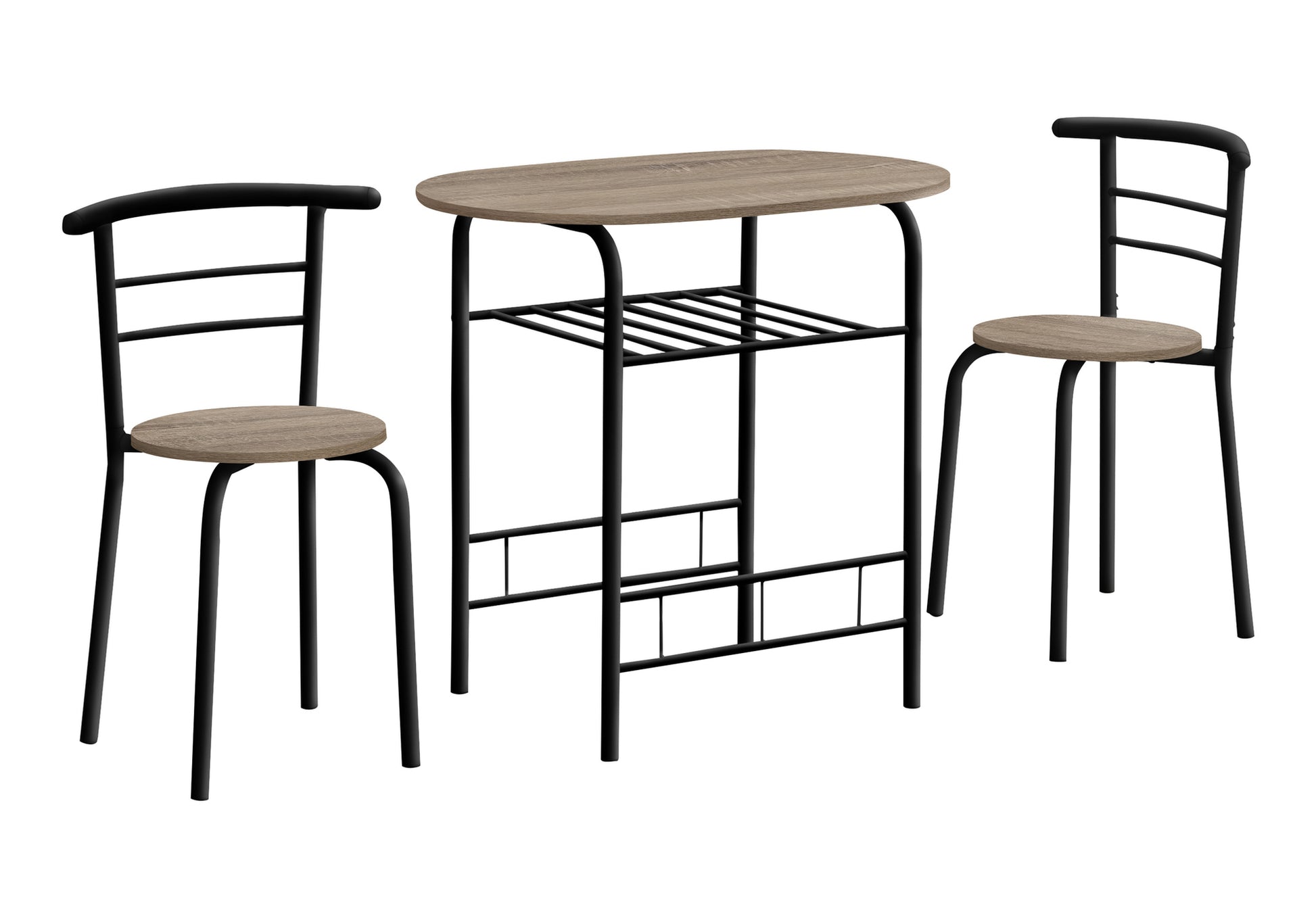 Compact oval breakfast table with two black metal chairs and woodgrain top