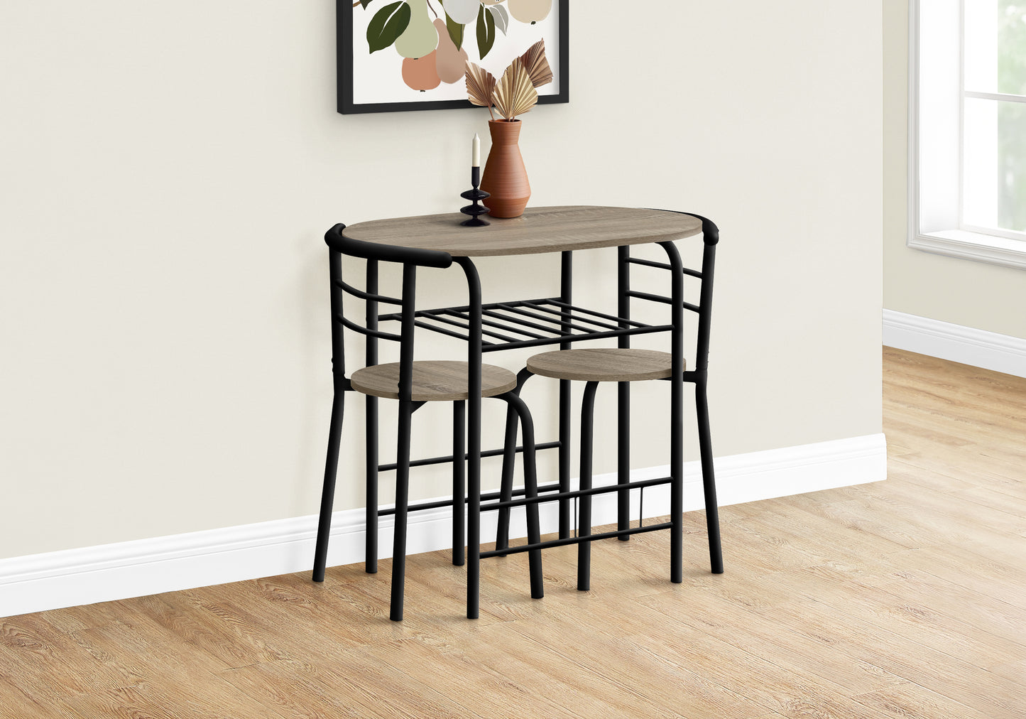 Compact oval breakfast nook table set with two stools featuring faux wood and black metal