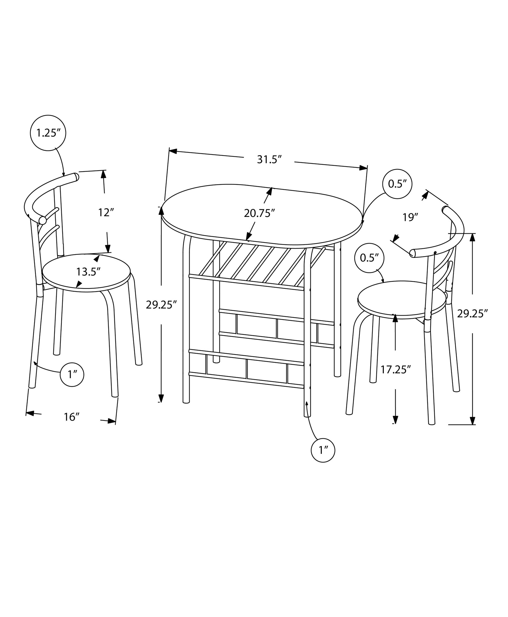 Oval metal dining table set with two chairs and shelf