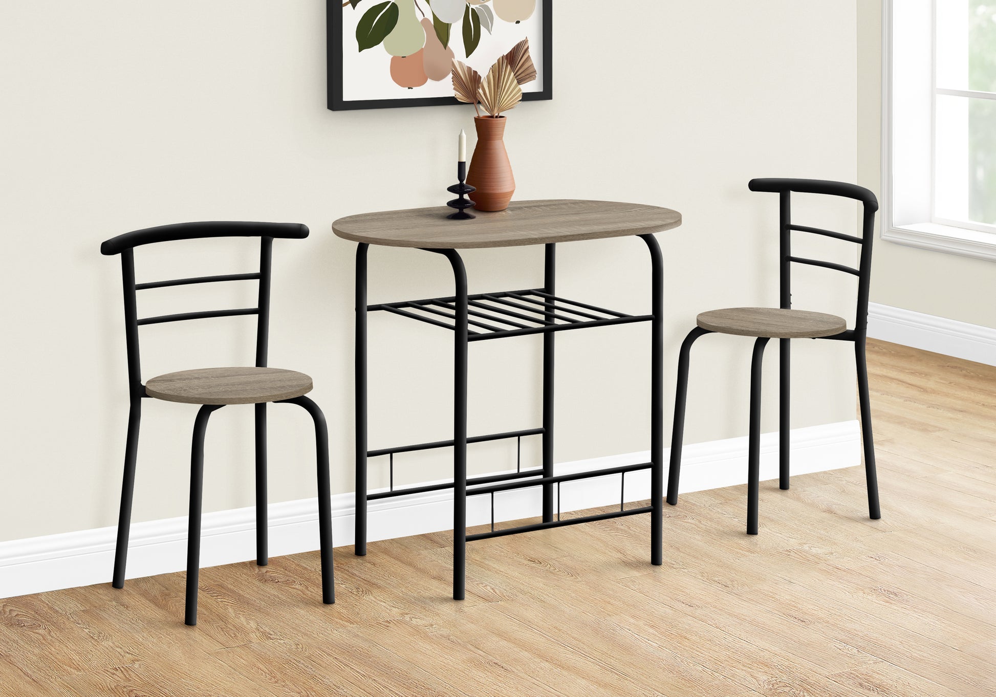 Twoseater dining set with woodlook tabletop and black metal frame