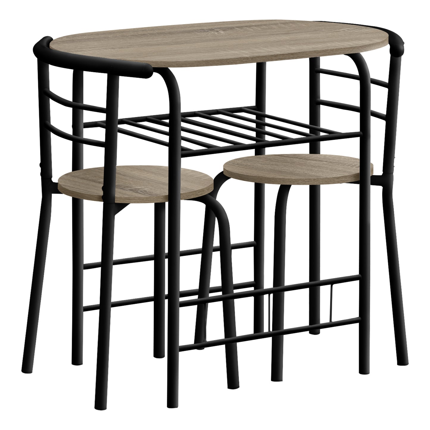 Oval woodgrain breakfast nook table with black metal frame and two stools