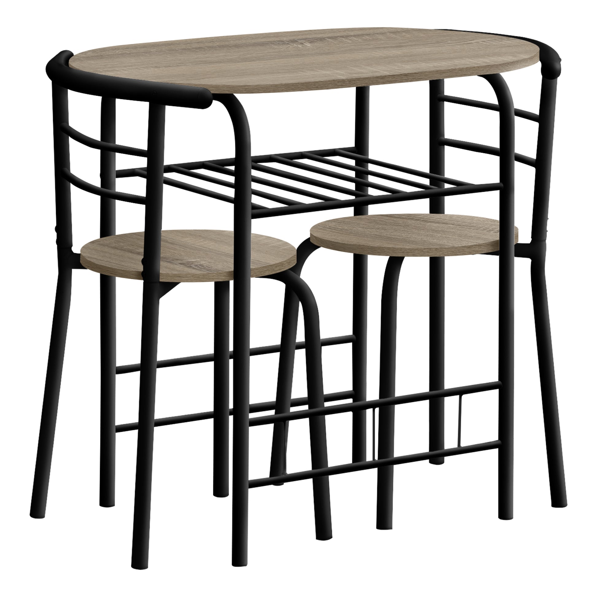 Oval woodgrain breakfast nook table with black metal frame and two stools