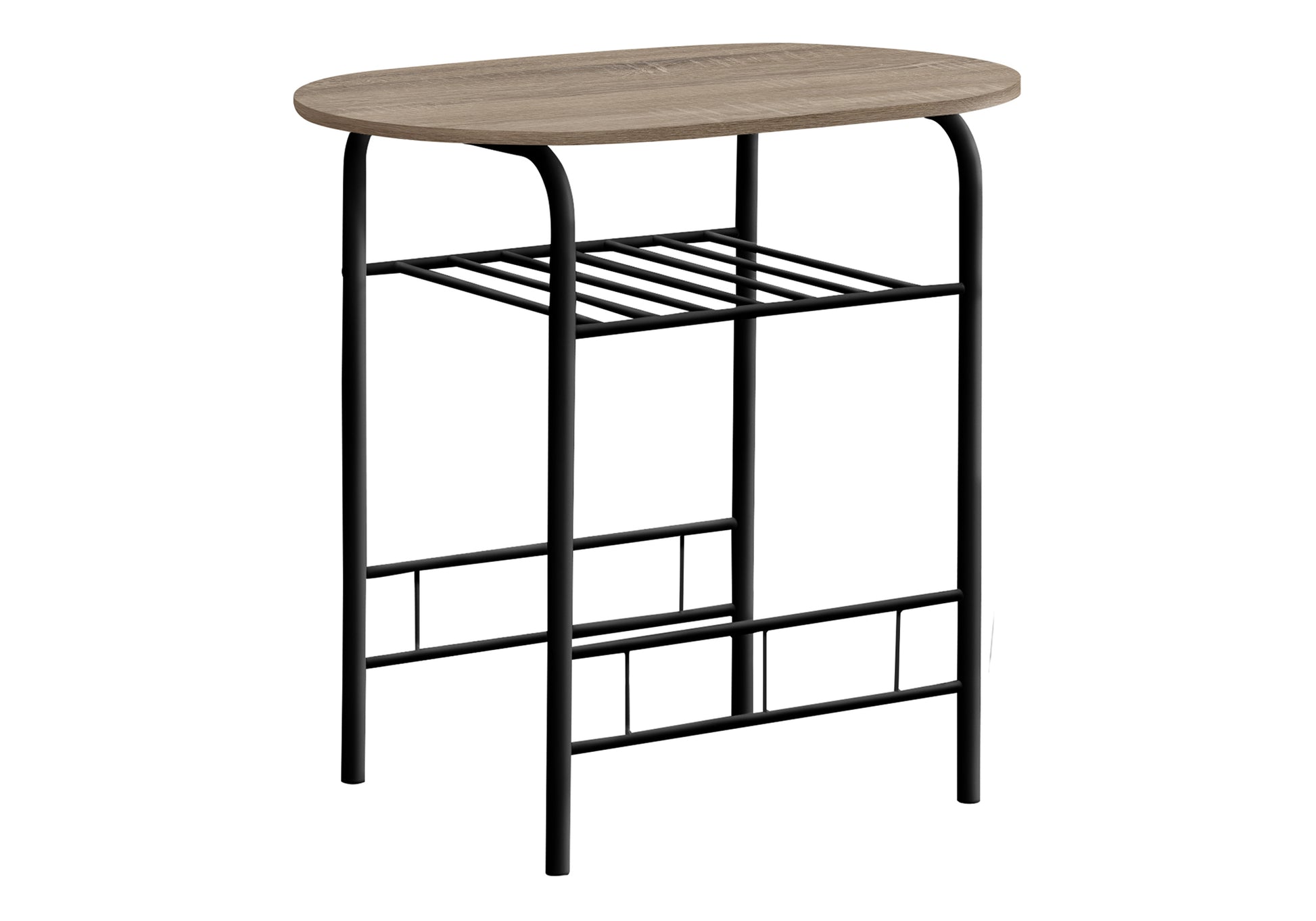 Oval wood grain bar table with black metal frame and lower shelf for kitchen seating