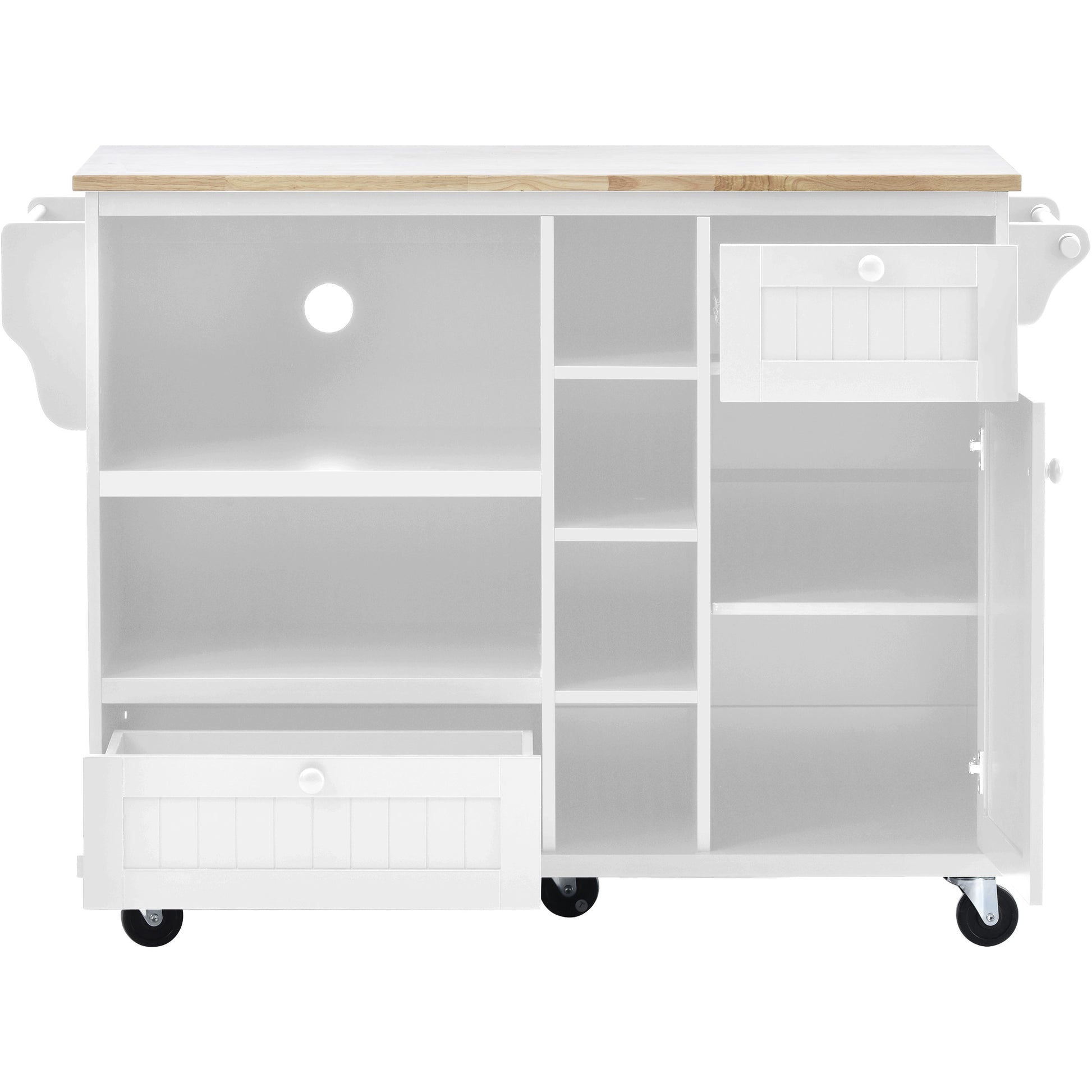 White kitchen cart with natural wood top drawers and open shelving for convenient storage