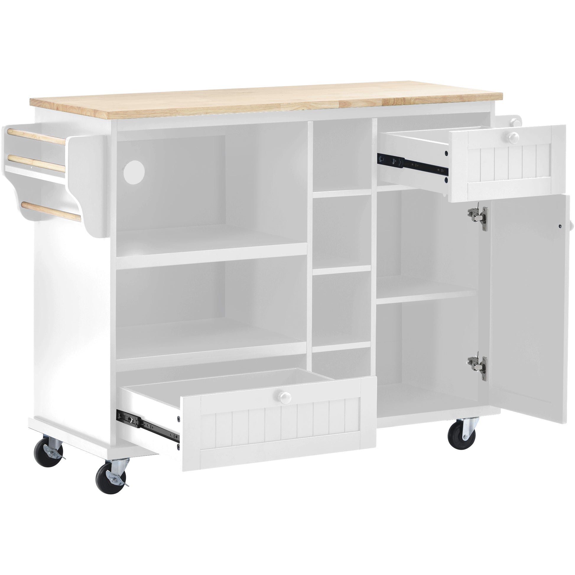 White kitchen cart with butcher block top and two drawers