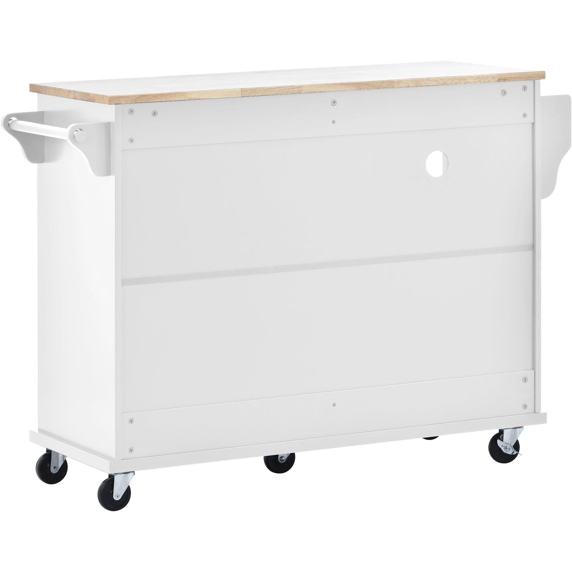 White kitchen island cart with butcher block top and side towel bar