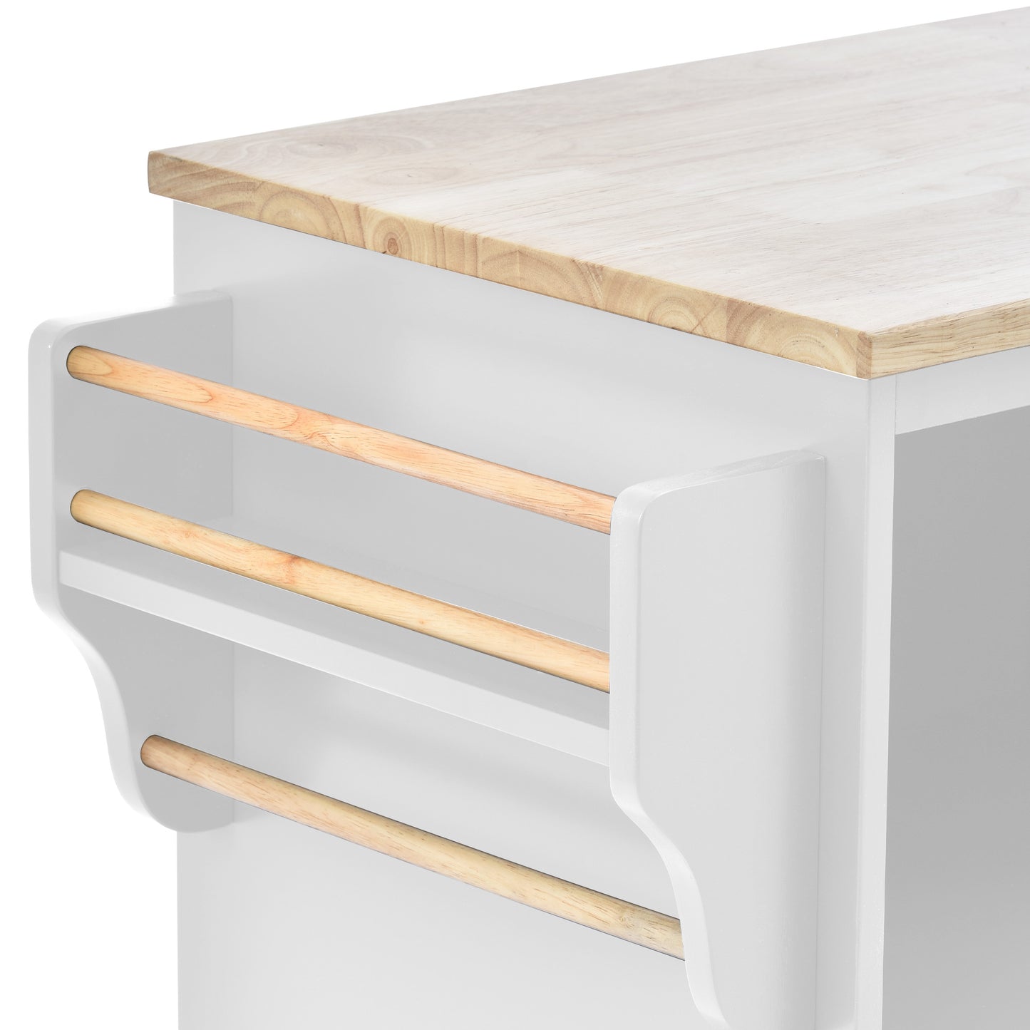 White kitchen cart with butcher block top and wooden towel bars