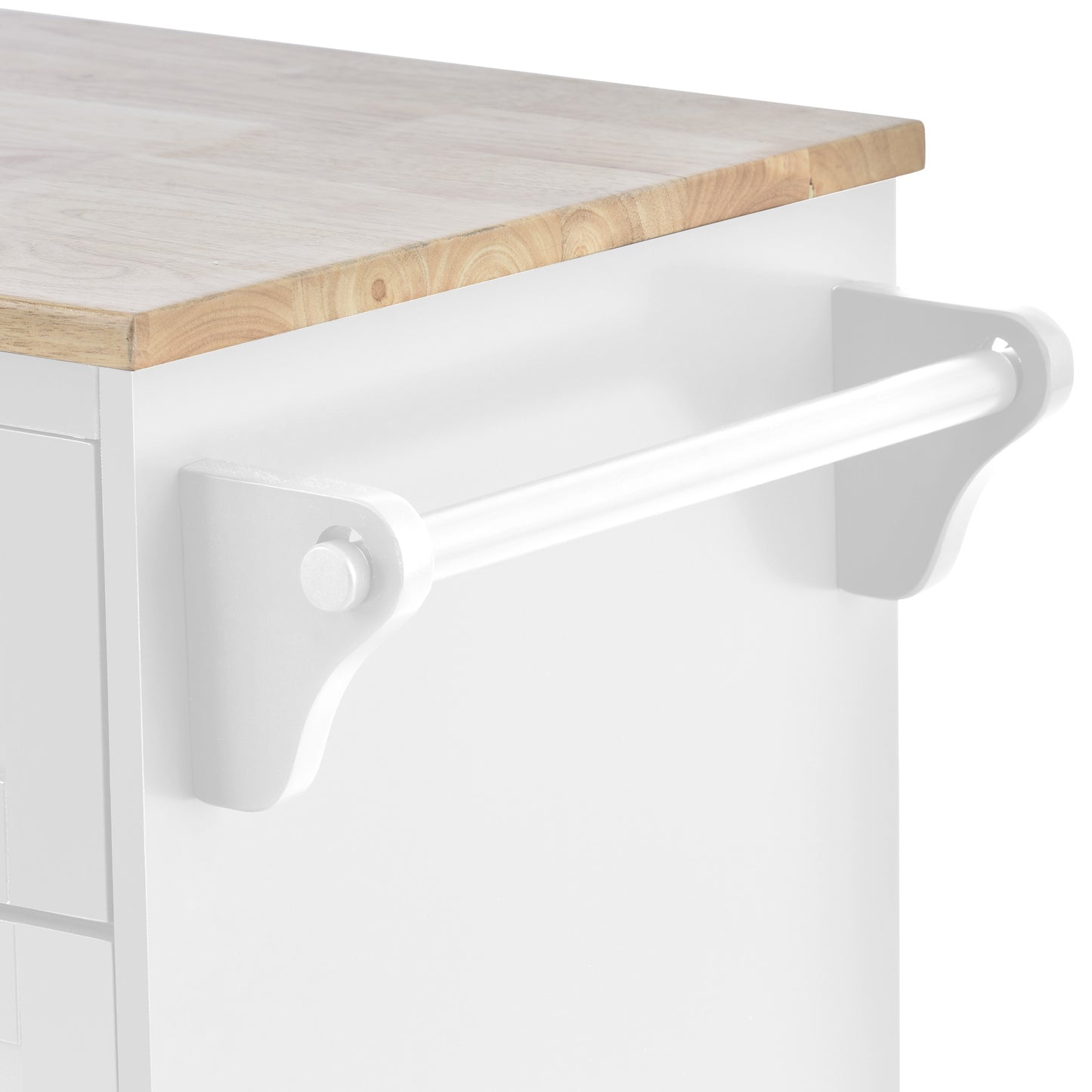 White kitchen cart with butcher block top and towel bar