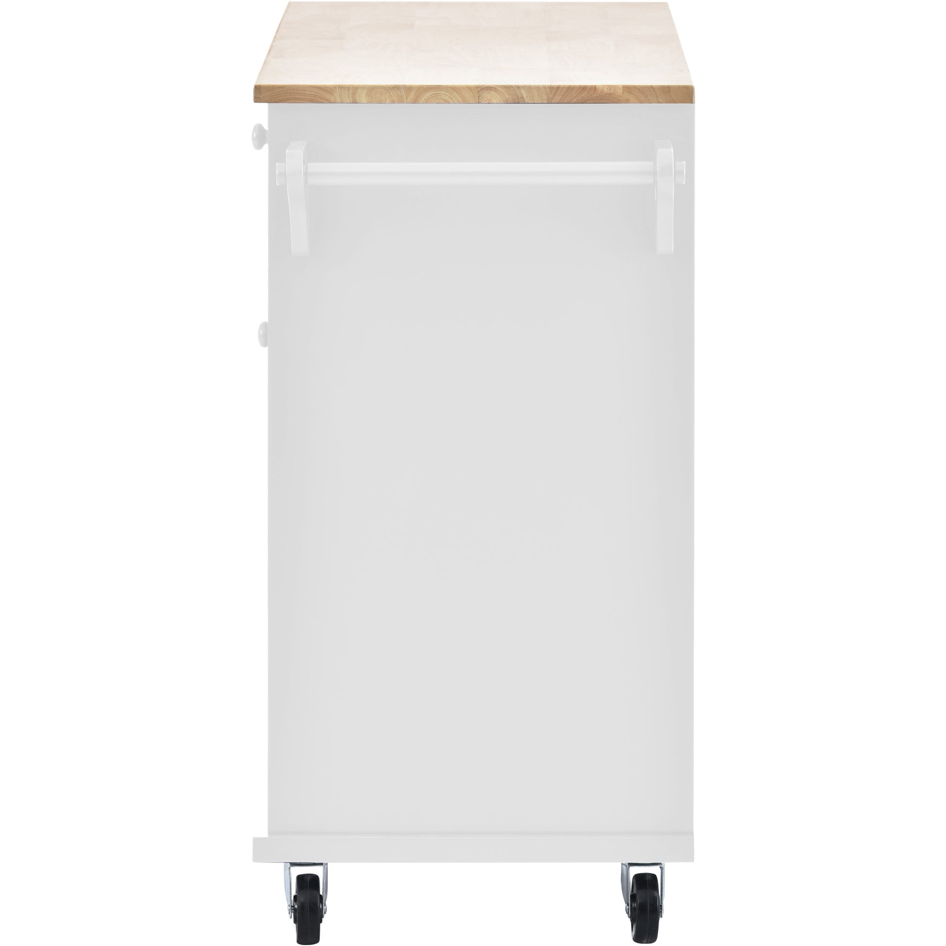 White kitchen cart with butcher block top and casters