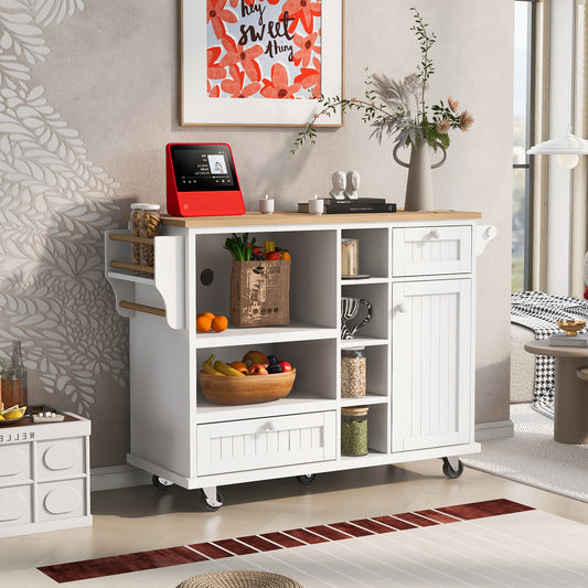 White kitchen cart with butcher block top and towel rack