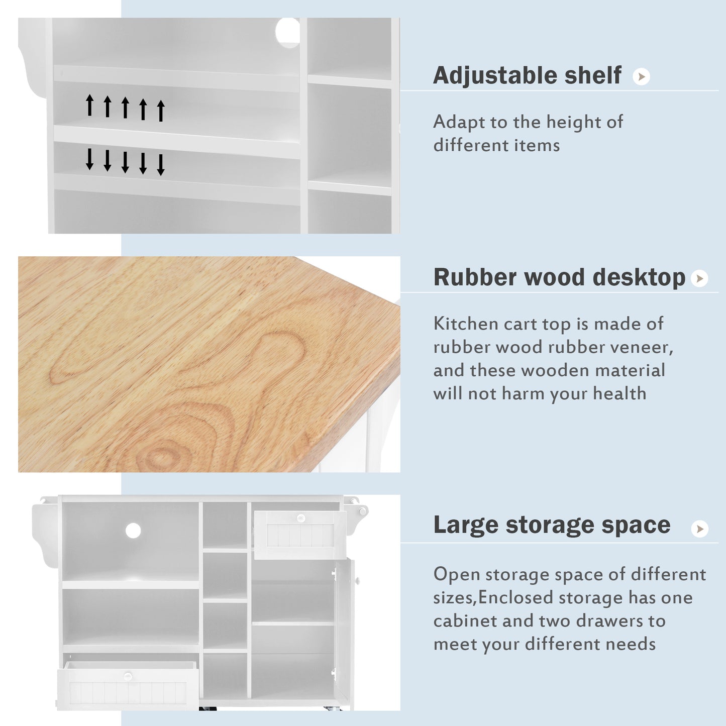 White kitchen cart with adjustable shelves and arrow indicators for height adjustment