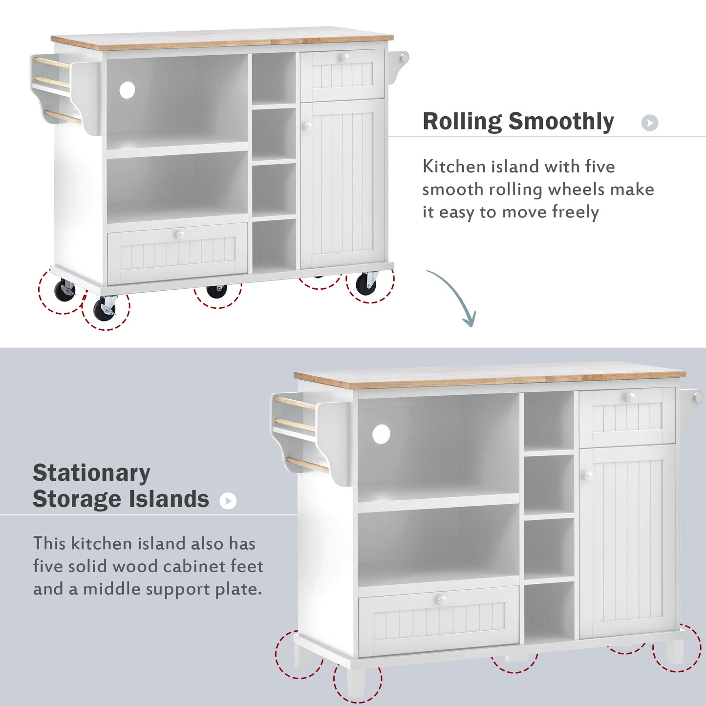 White kitchen island with five smooth rolling wheels for easy movement