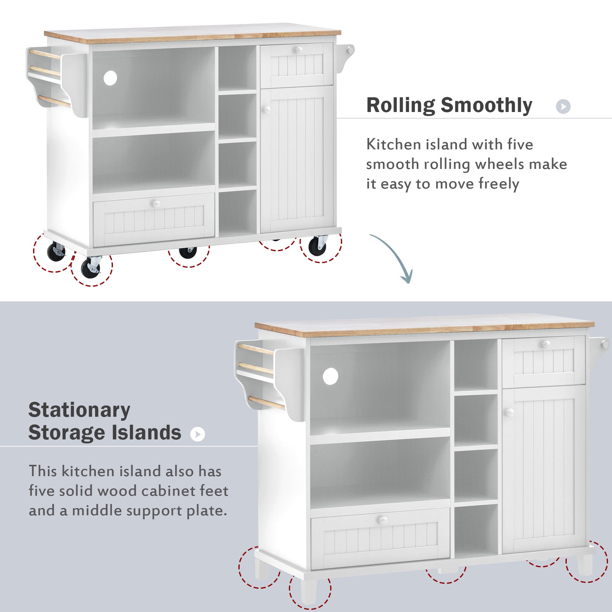 White kitchen island with five smooth rolling wheels for easy movement