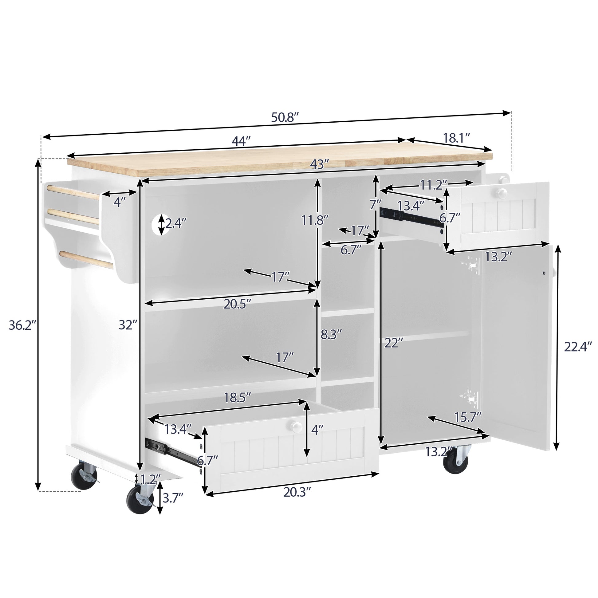 White kitchen cart with butcher block top and storage dimensions