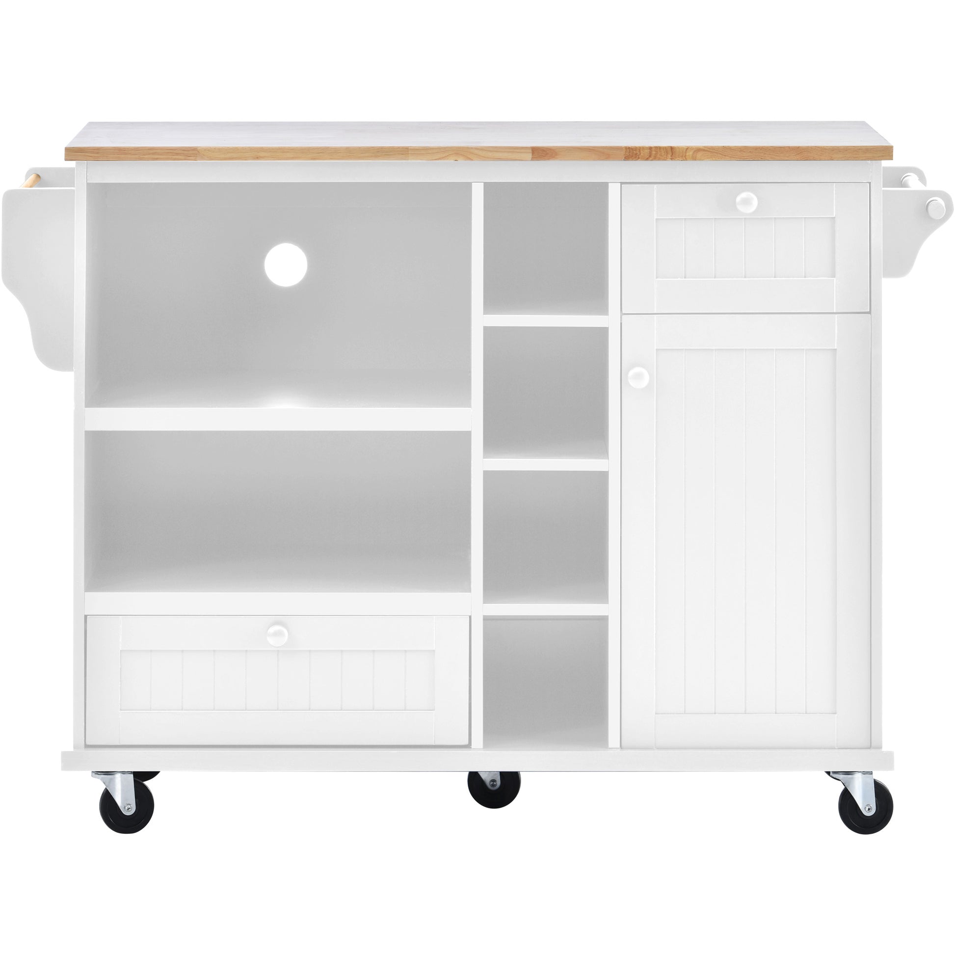 White kitchen island cart with wooden top and storage drawers