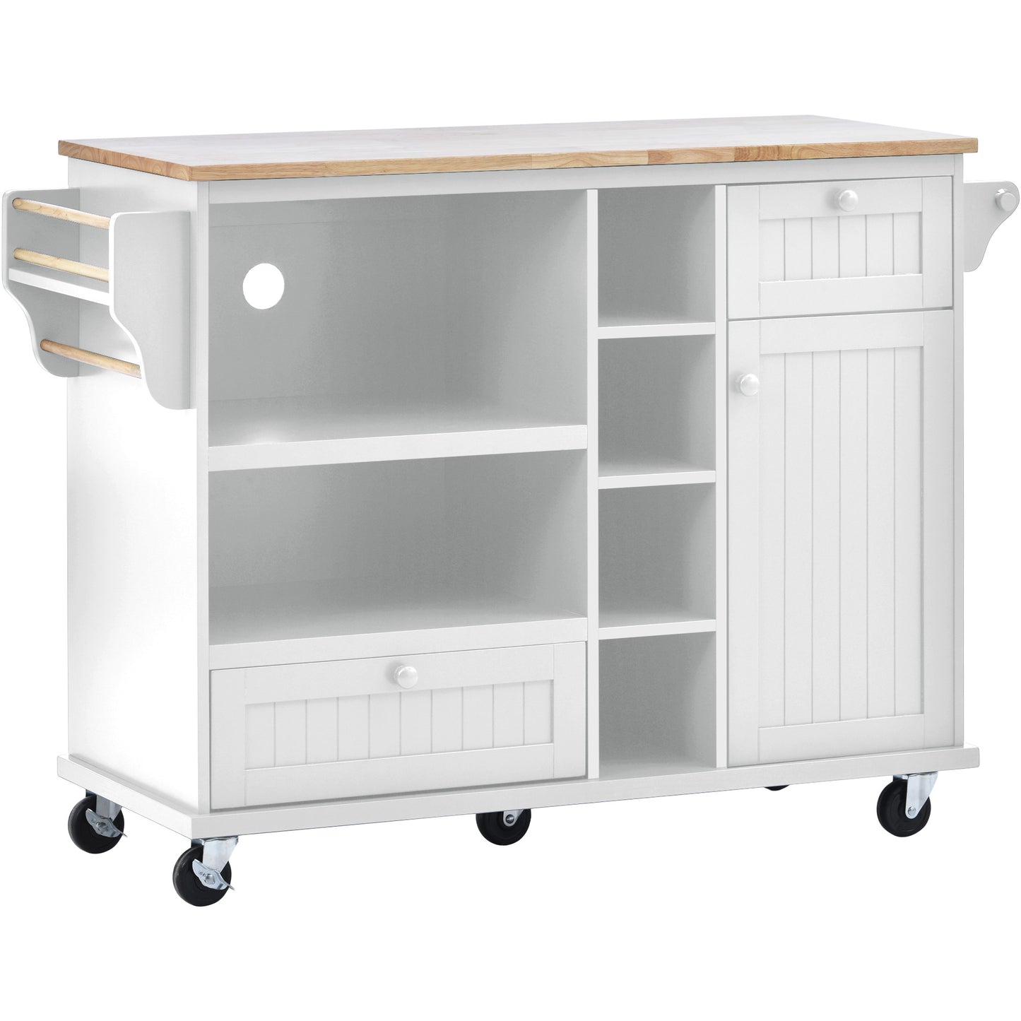 White kitchen island cart with wood top shelves drawer and cabinet on wheels