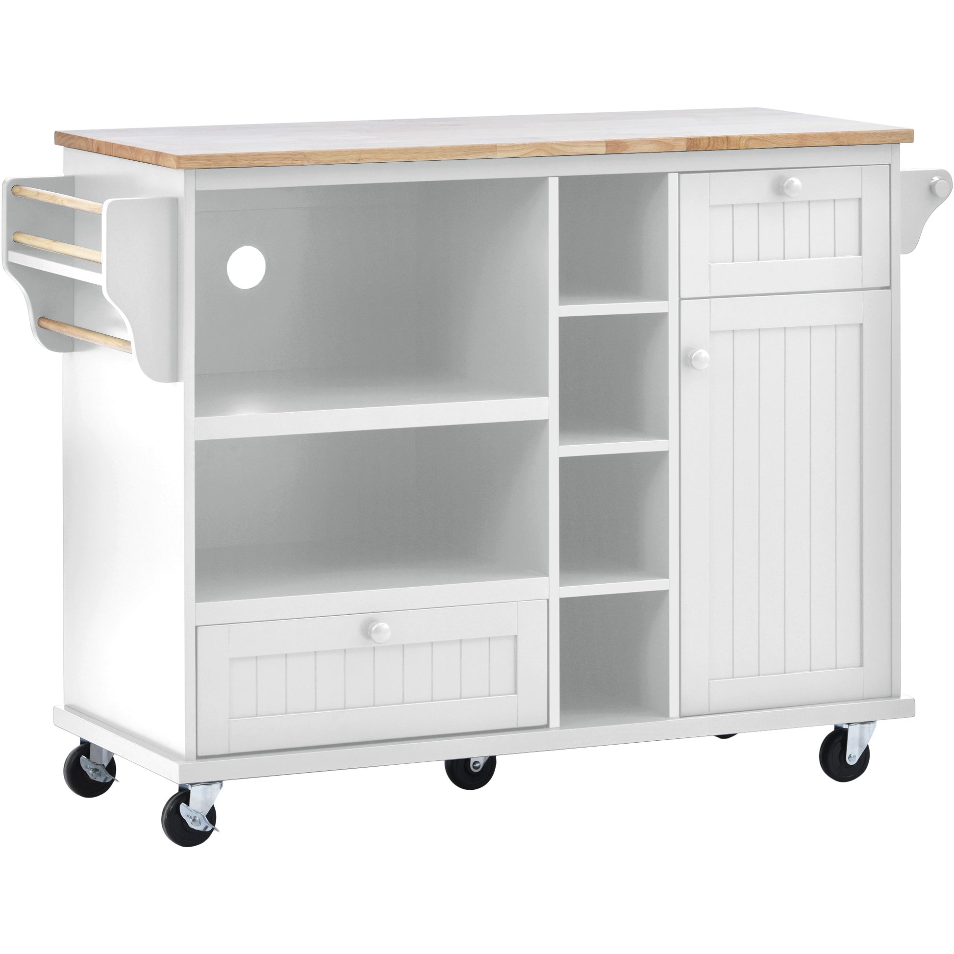 White kitchen island cart with wood top shelves drawer and cabinet on wheels
