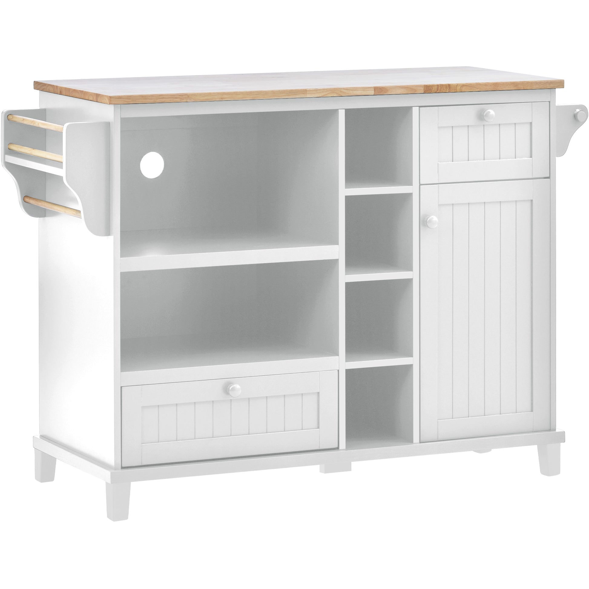 White kitchen island cart with butcher block top and towel rack