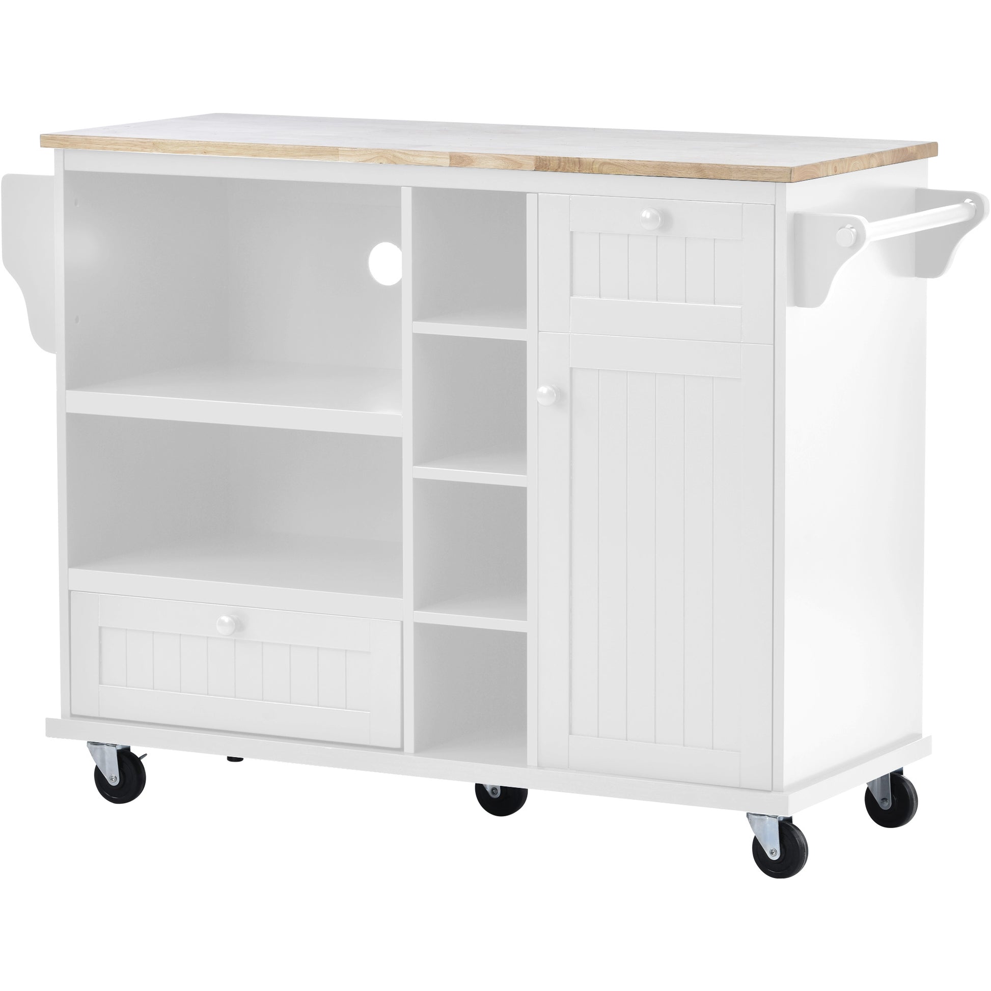 White kitchen island cart with butcher block top and casters