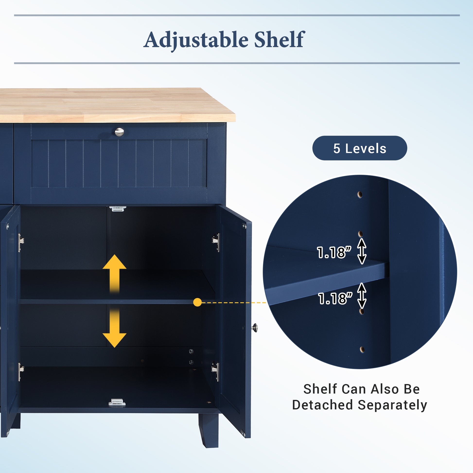Navy blue cabinet interior showing adjustable shelving