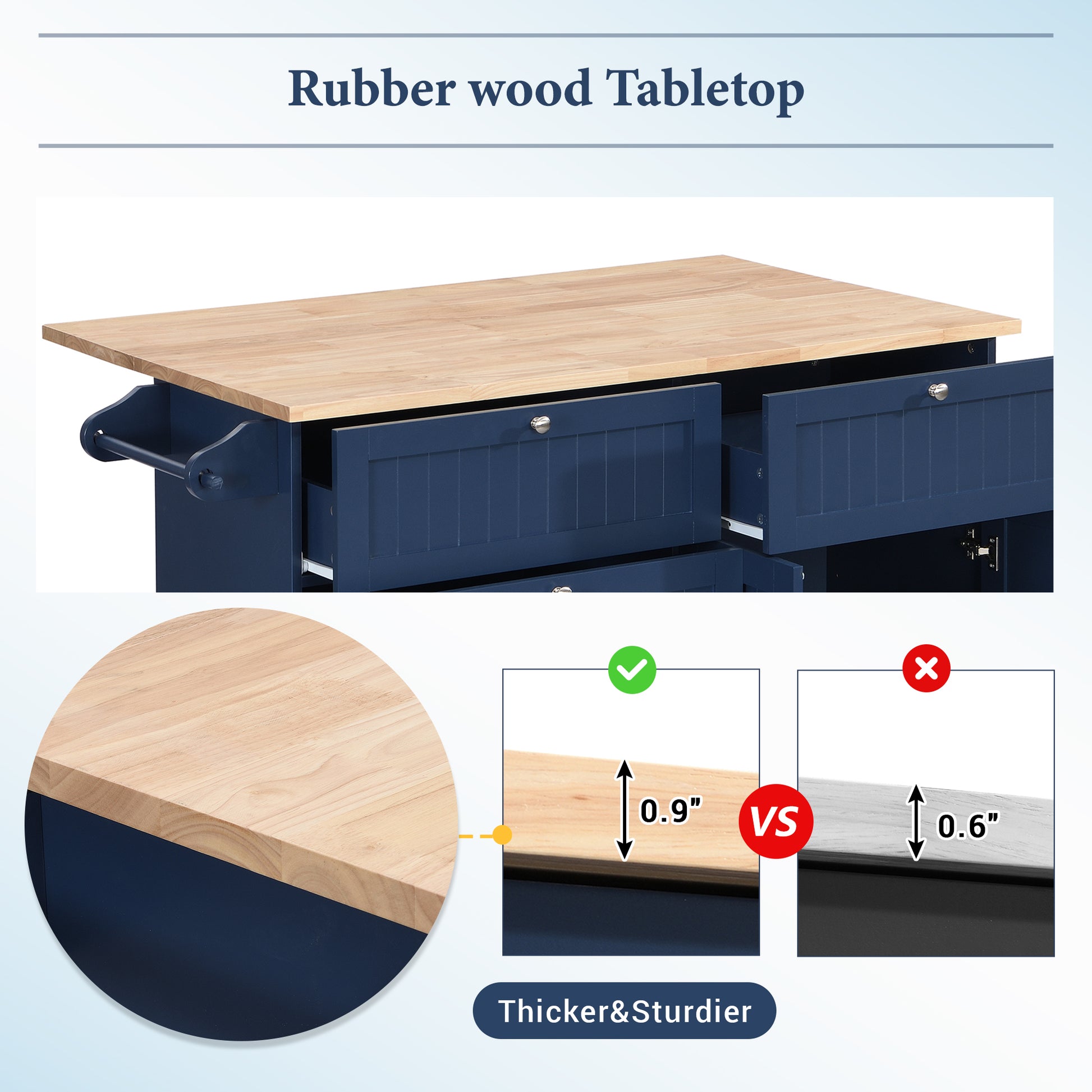 Thick rubber wood tabletop on navy kitchen island with open drawers