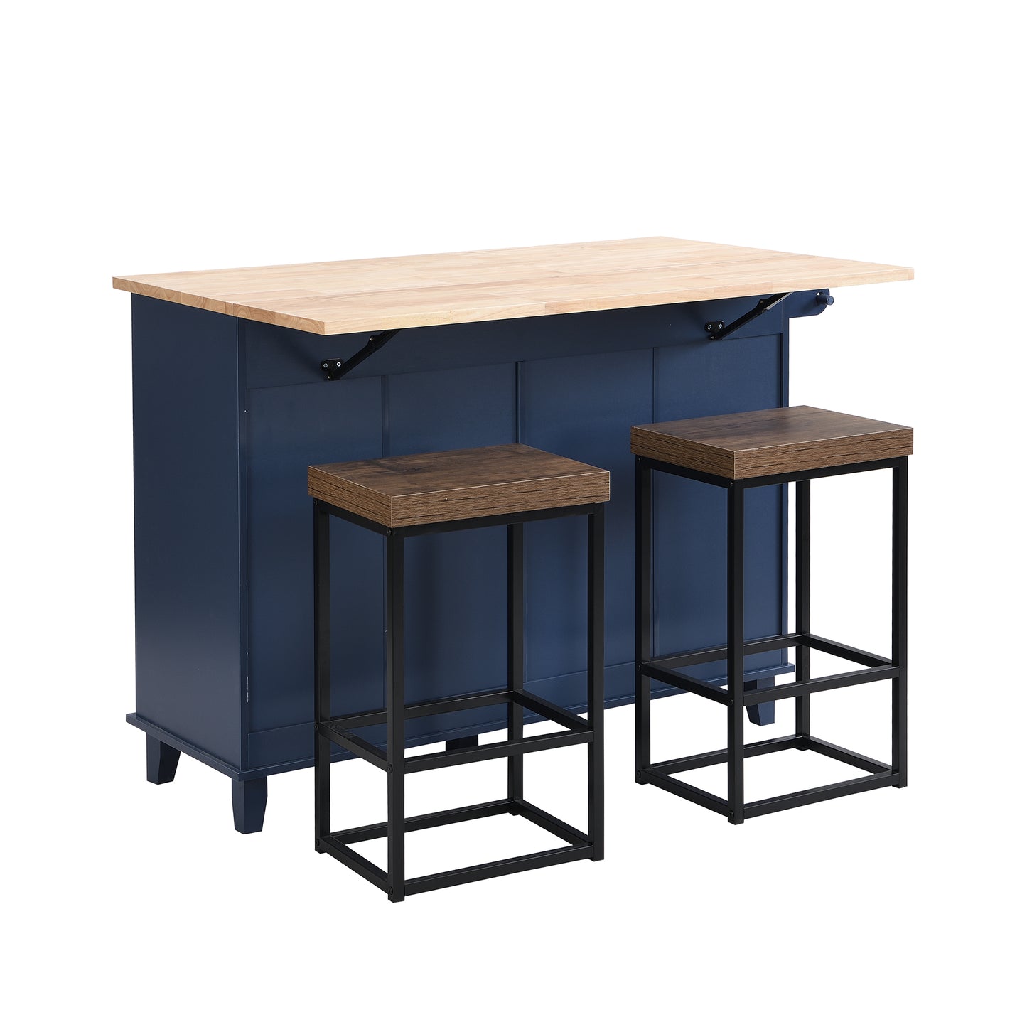 Navy blue kitchen island with butcher block top and two wooden stools