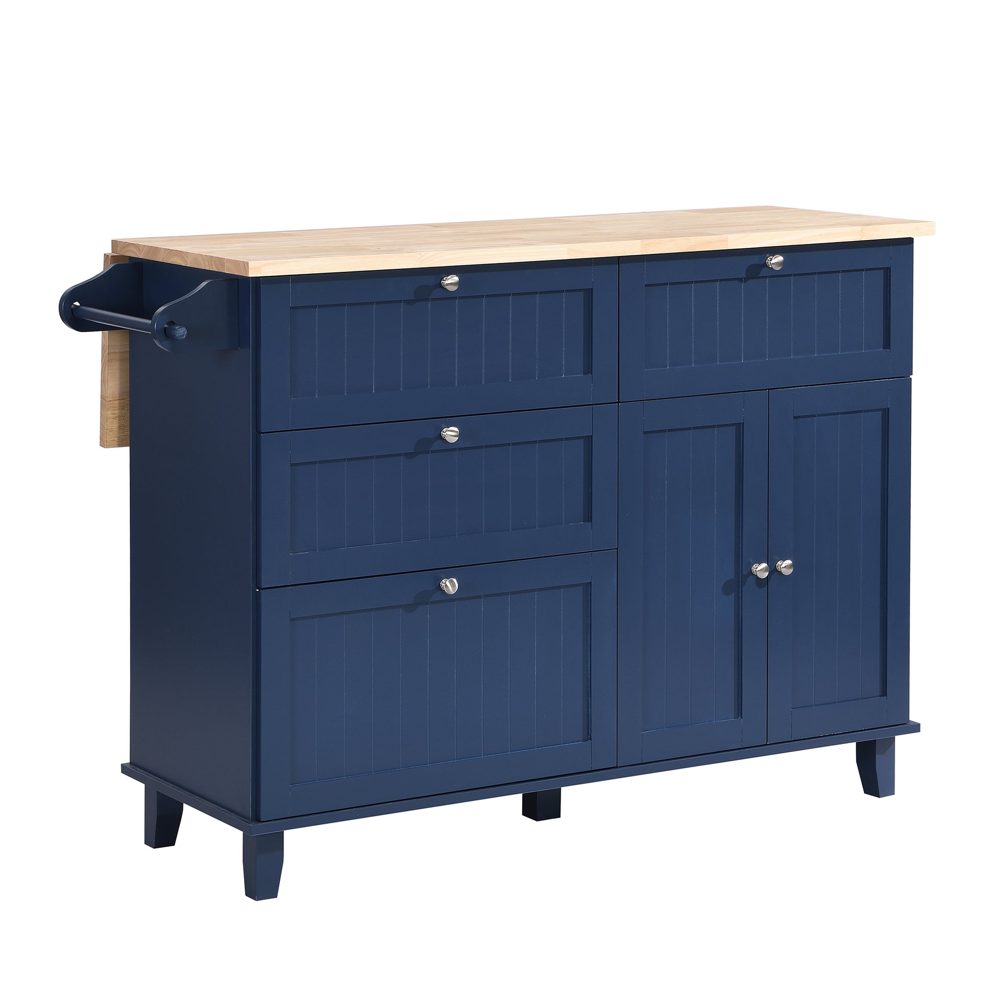 Navy blue kitchen island with butcher block top and drop leaf
