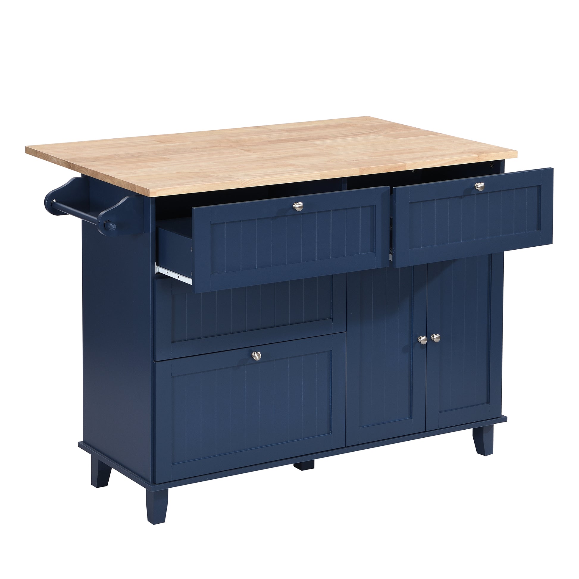 Navy blue kitchen island with butcher block top and towel bar