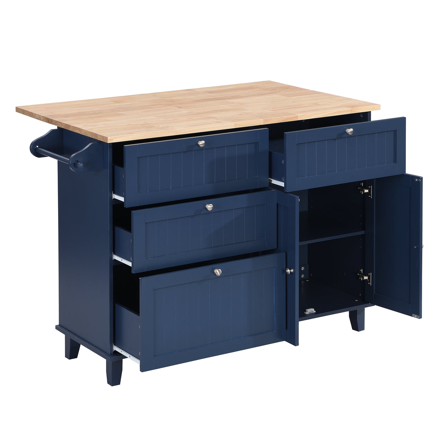 Navy blue kitchen island with butcher block top and open drawers