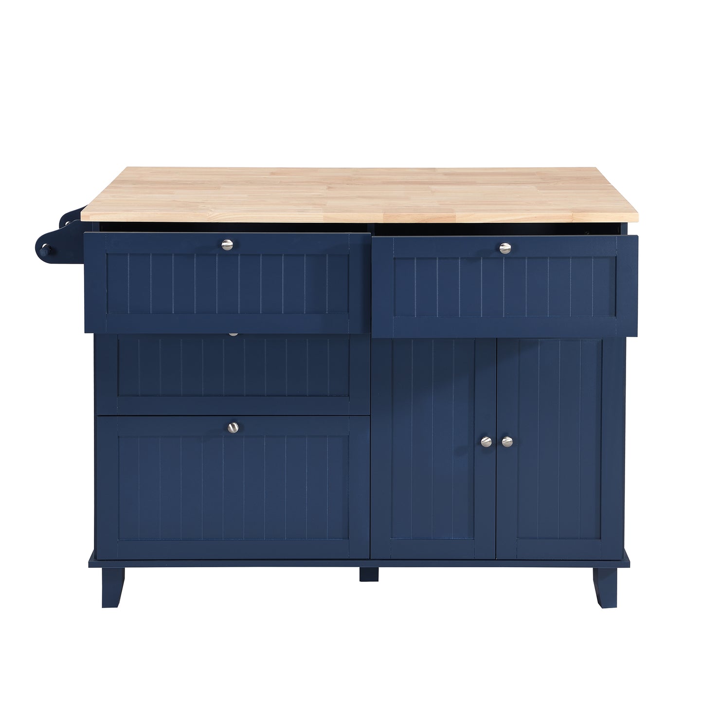 Navy blue kitchen island with butcher block top and cabinet doors