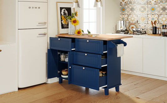 Navy blue kitchen island with butcher block top