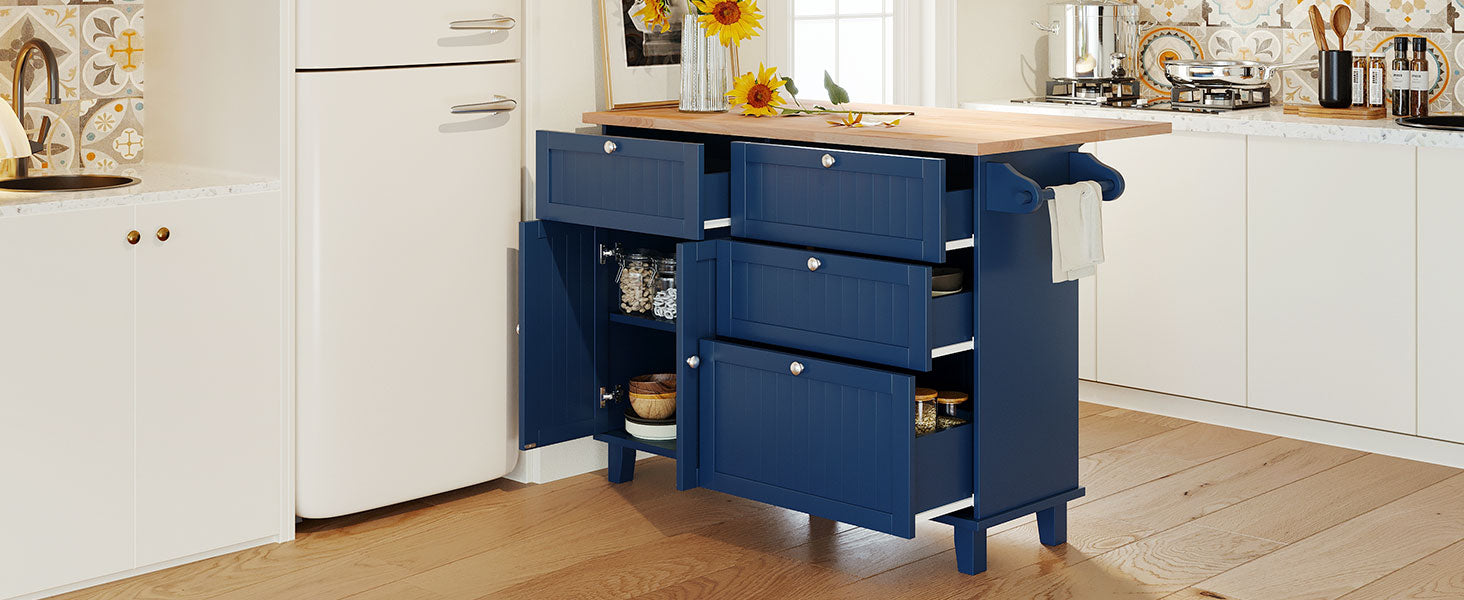 Navy blue kitchen island cart with butcher block top and storage drawers