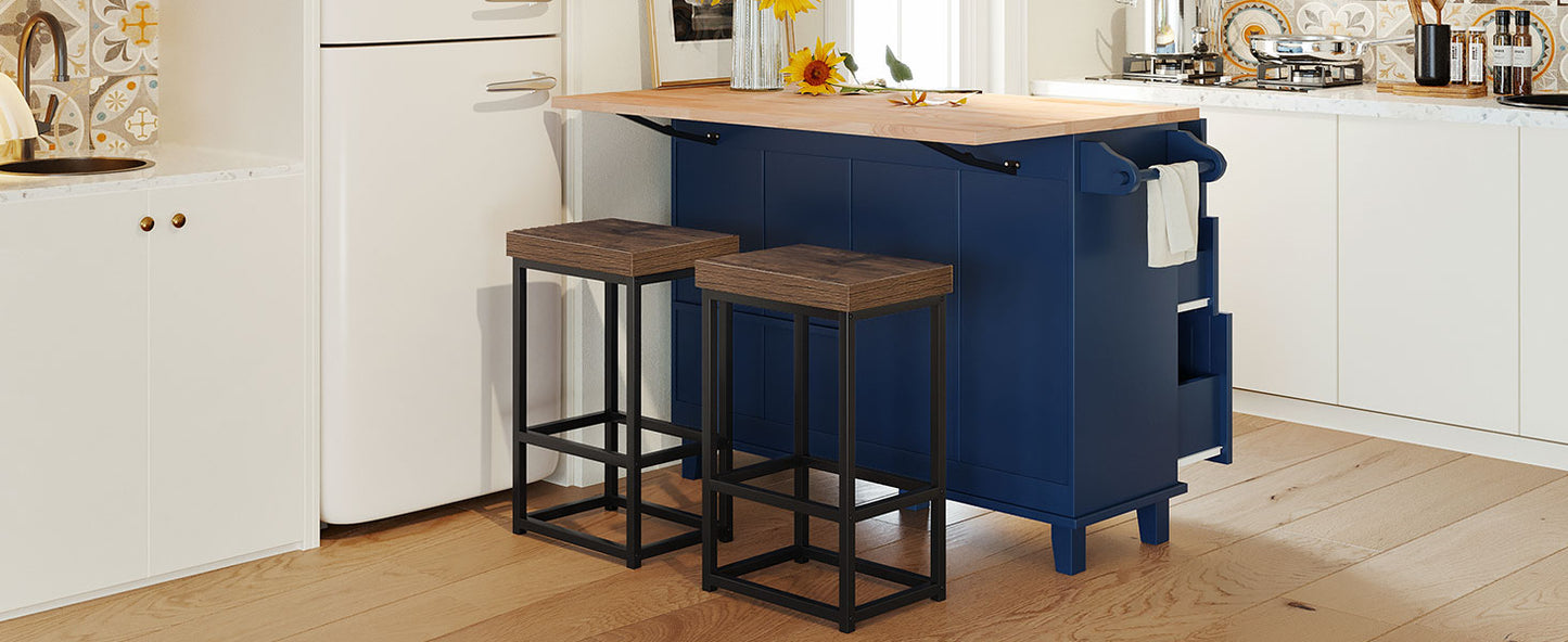 Rustic wood top bar stool with black metal frame and footrest