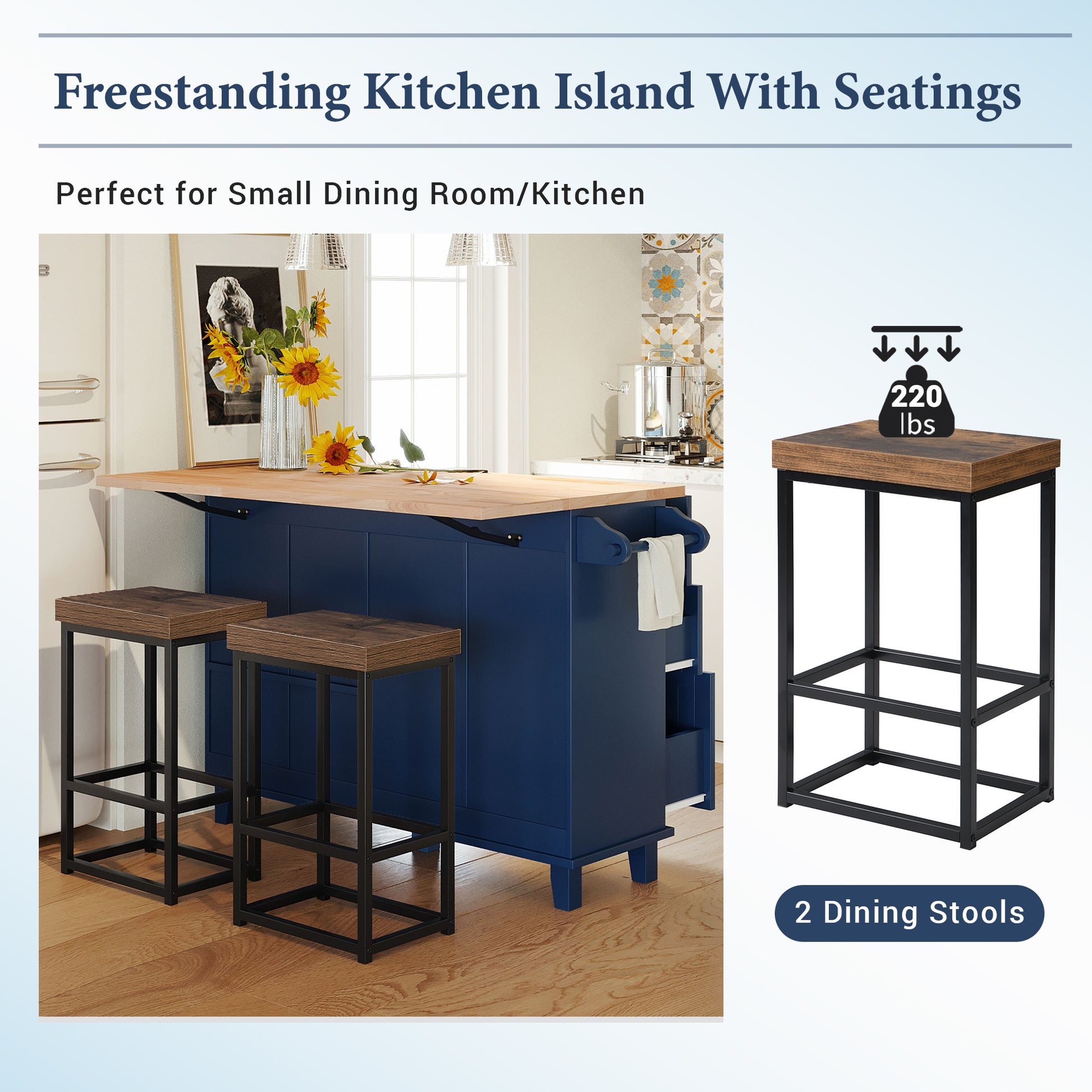 Navy blue kitchen island with wooden countertop and two dark wood bar stools