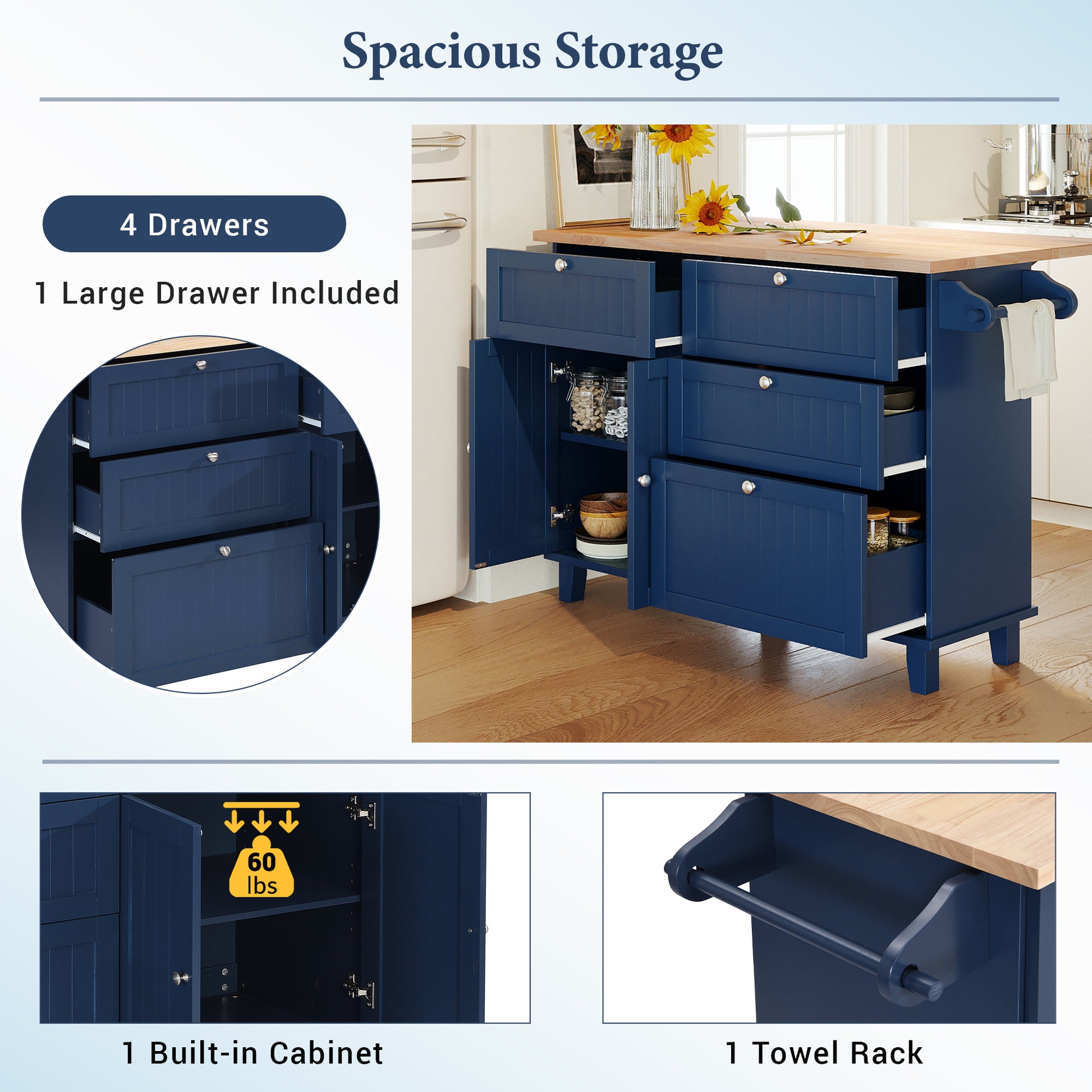 Navy blue kitchen island with four drawers and open shelving