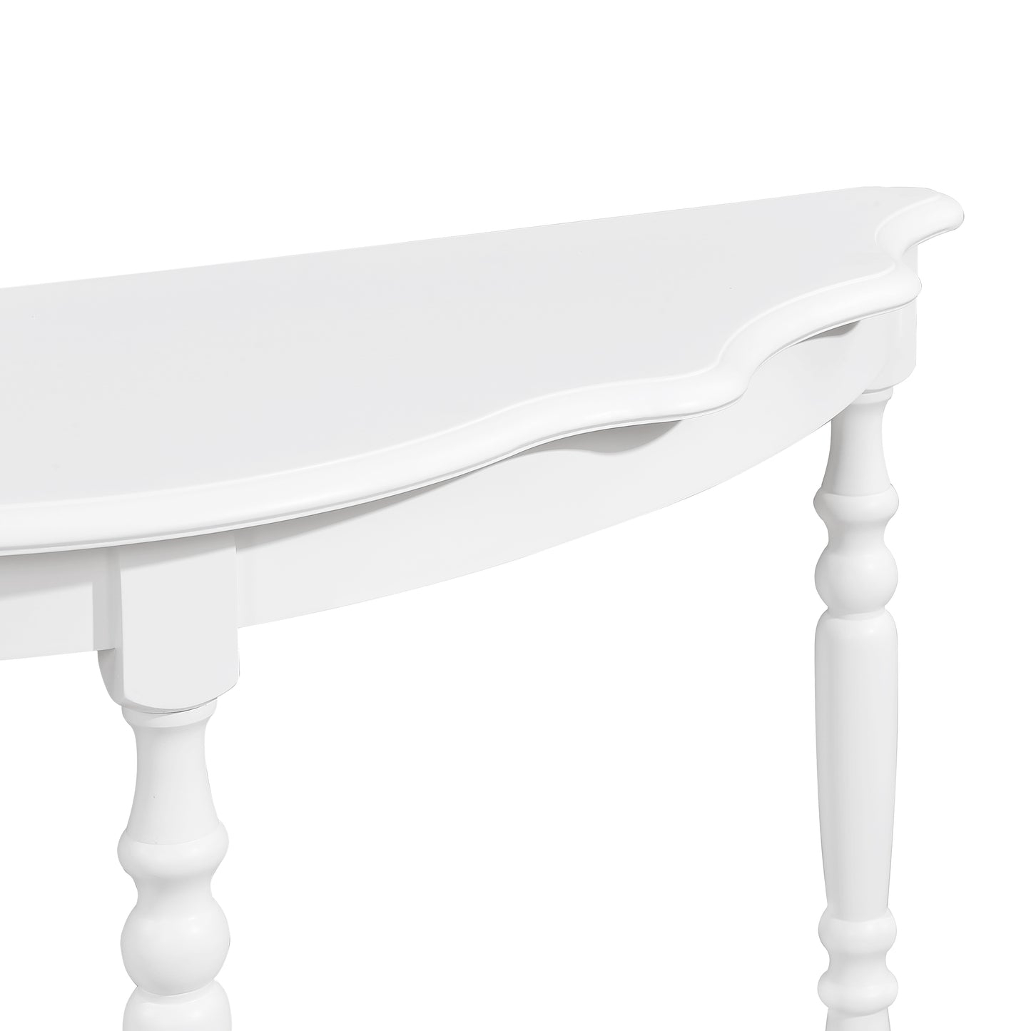 Elegant white console table with a curved top and turned legs perfect for entryways